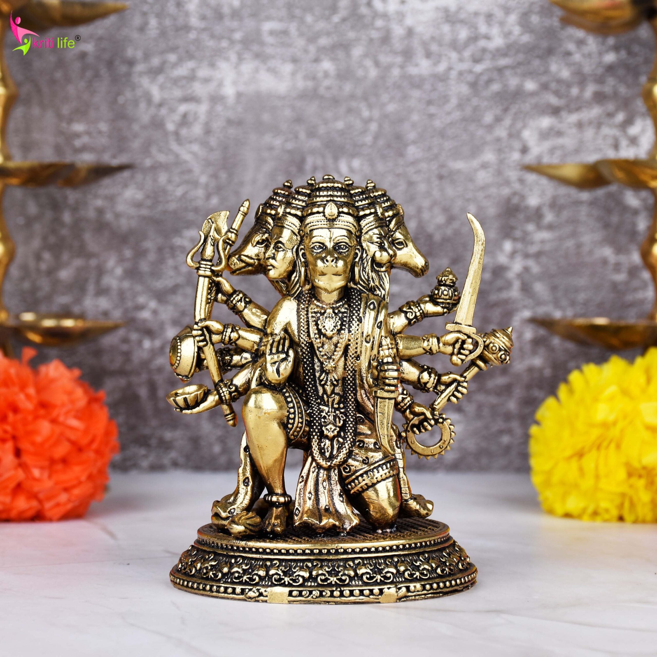 Brass Panchamukhi Hanuman Idol | Five-Faced Hanuman Statue 4 inches for Home Temple & Protection
