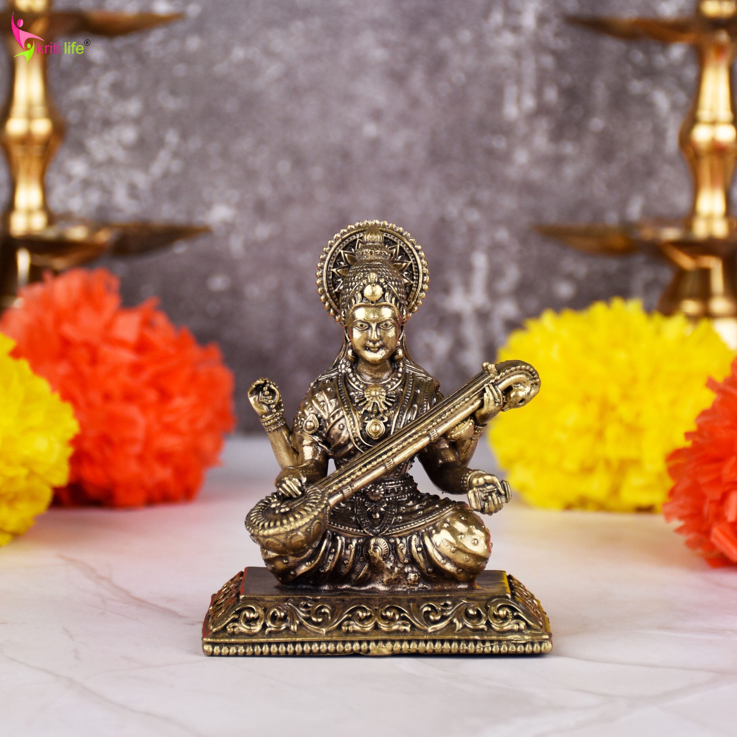 Brass Goddess Saraswati Idol | 3 inches | Handcrafted for Home Temple & Decor