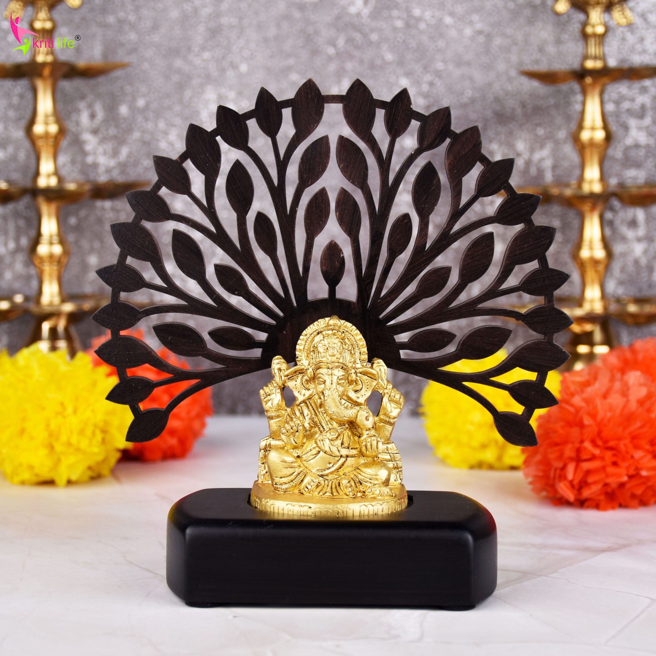 Brass Lord Ganesha Idol with Wooden Tree Backdrop – | 6  inches | Decorative Showpiece for Home & Office