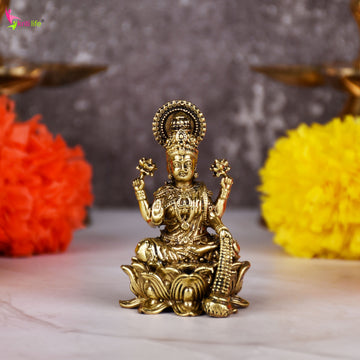 Brass Goddess Lakshmi Idol – Wealth & Prosperity Hindu Statue for Pooja & Decor | 2.5 inches (Small Size) |