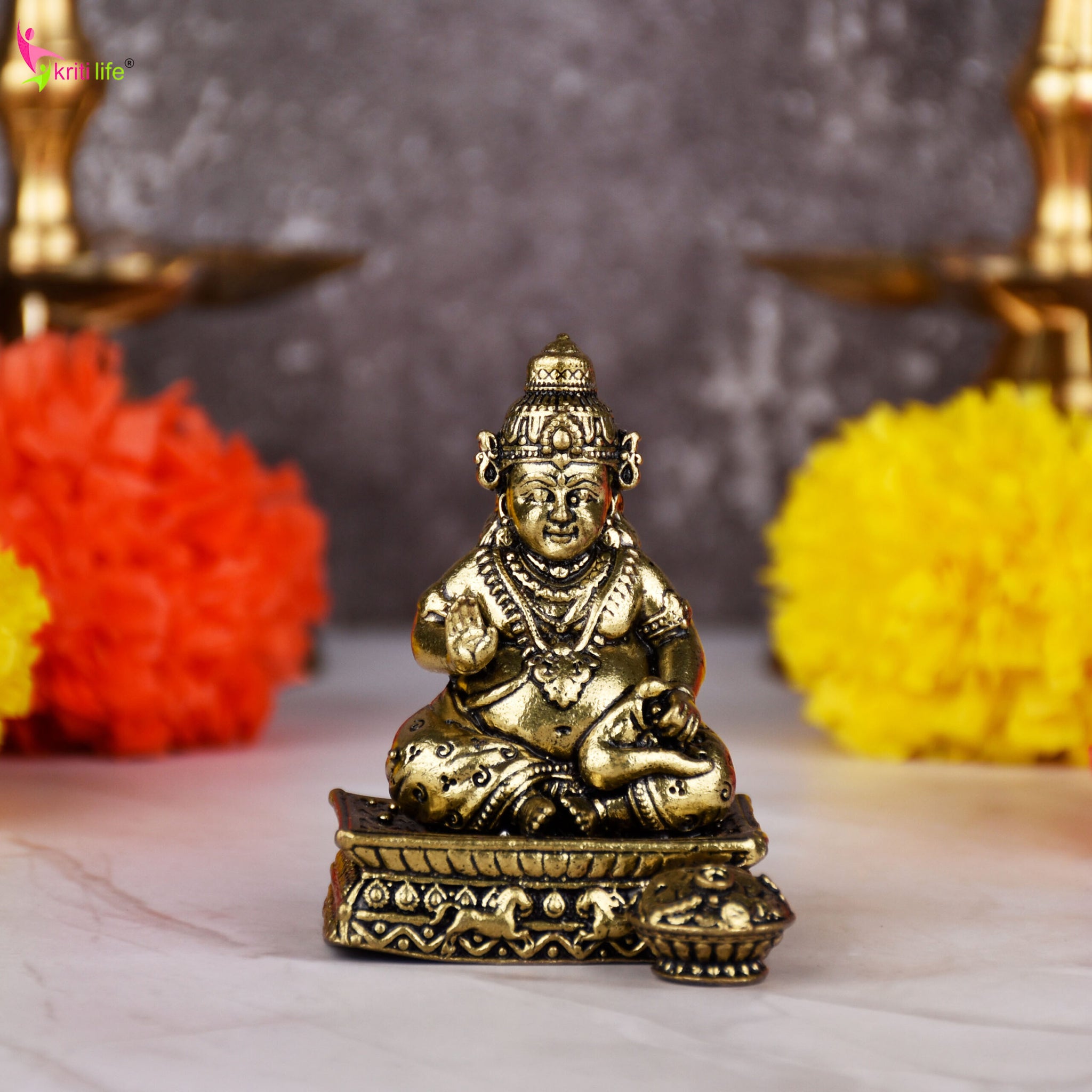 Brass Lord Kuber Idol – Hindu God of Wealth & Prosperity Statue for Home Decor & Pooja | 2.5 inches (Small Size) |