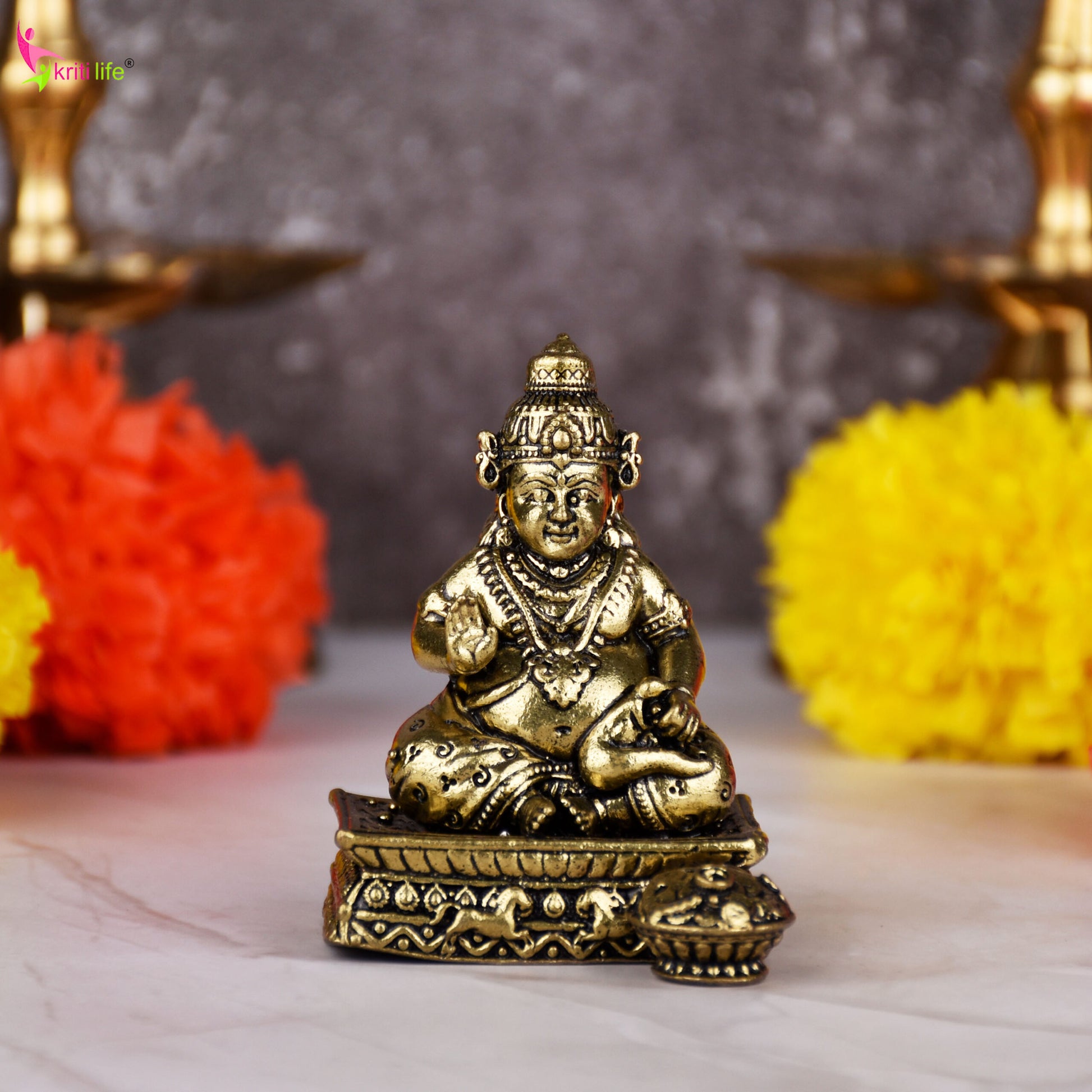 Brass Lord Kuber Idol – Hindu God of Wealth & Prosperity Statue for Home Decor & Pooja | 2.5 inches (Small Size) |