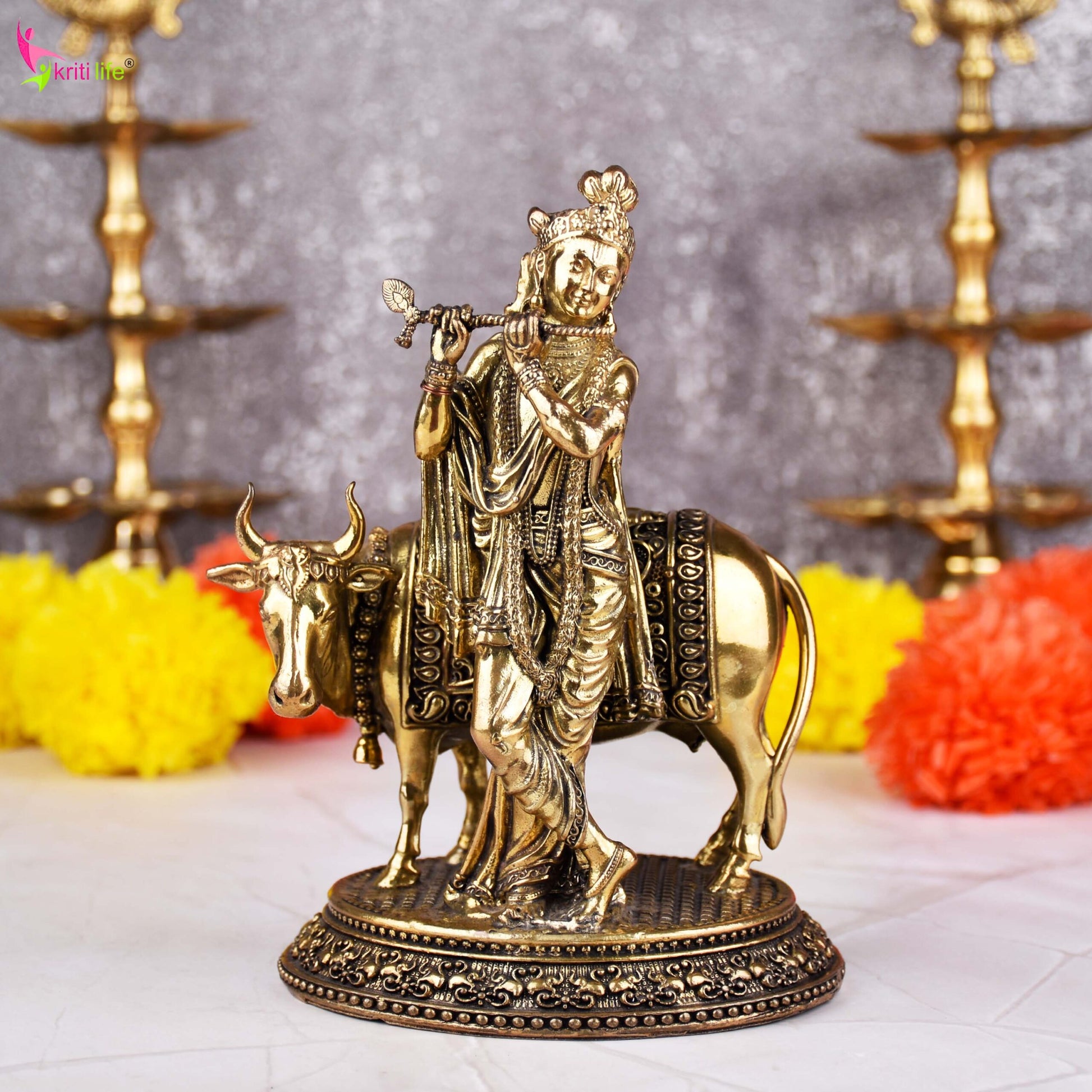 Brass Krishna with Cow Idol – Divine Spiritual Figurine 6.5 inches for Home & Office Décor