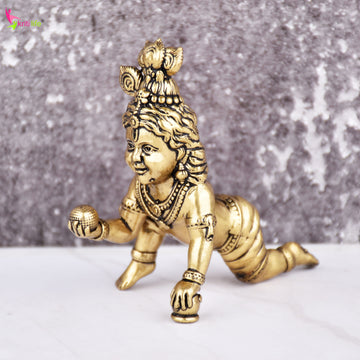 Brass Laddu Gopal Idol | Bal Gopal (Baby Krishna) | 3 inches | Crawling Murti for Pooja & Home Décor