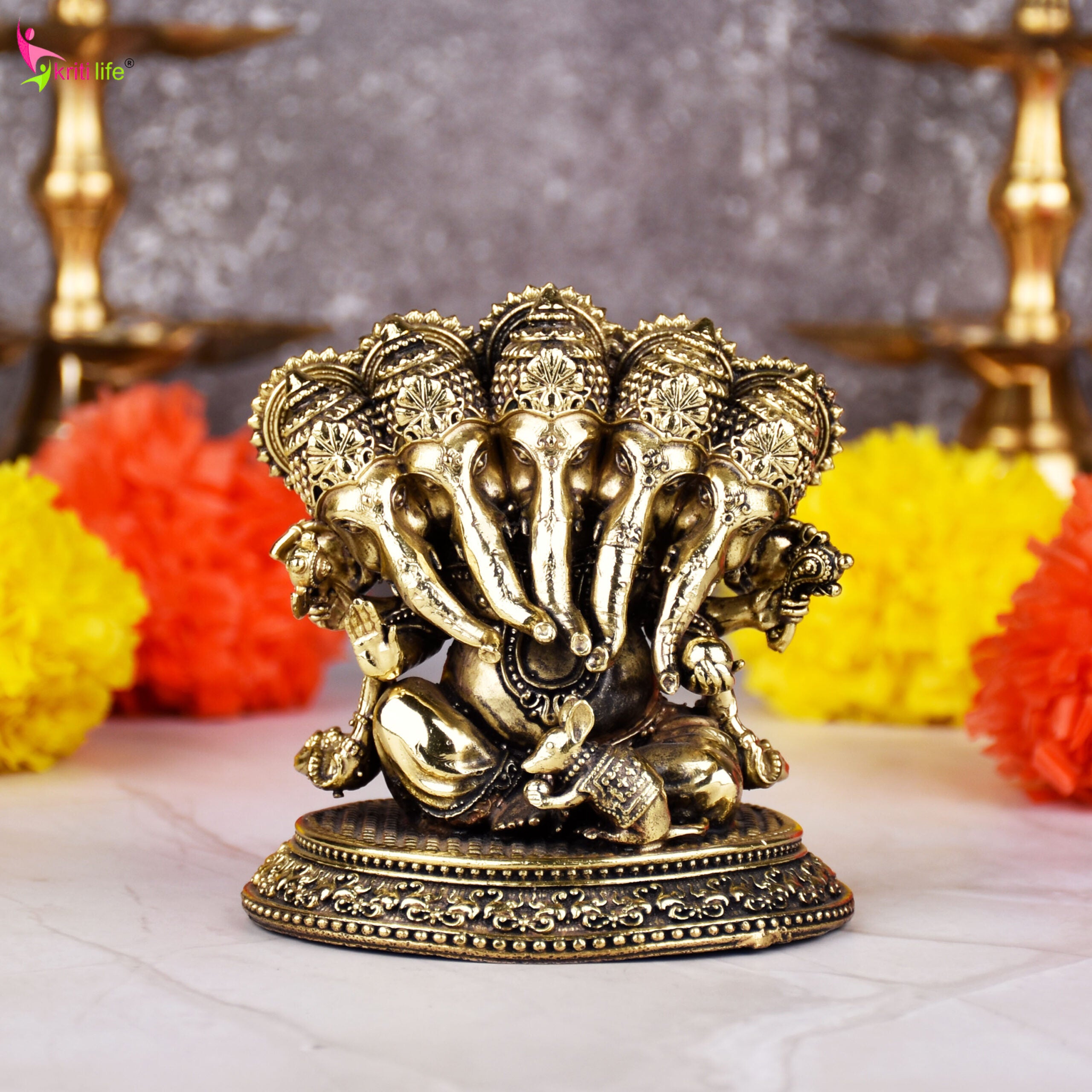 Brass Panchmukhi Ganesha Idol – Panchmukhi Ganpati Murti 3 inches for Home, Office & Pooja