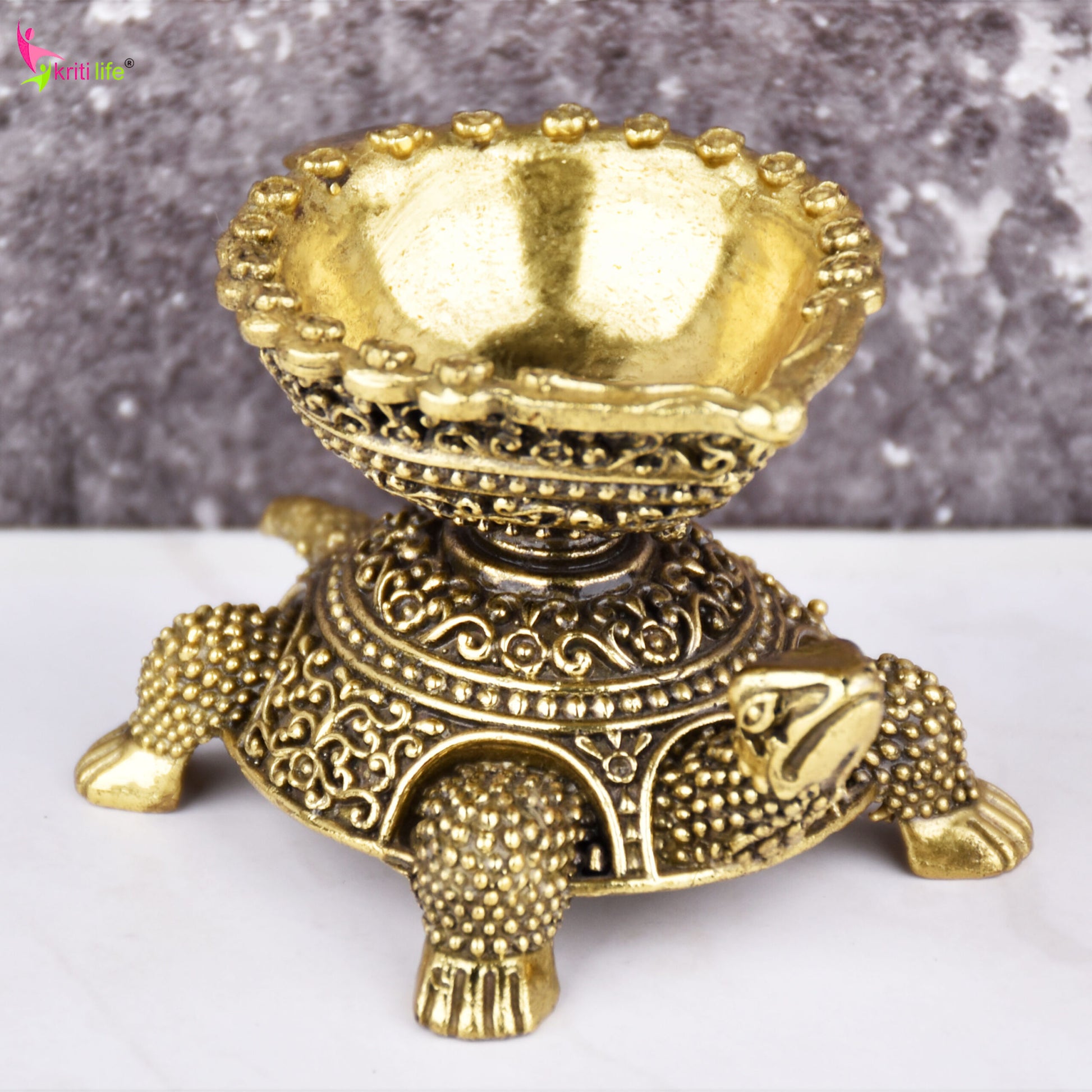 Brass Turtle Design Diya – Antique Finish Oil Lamp 3 inches for Pooja, Vastu & Décor