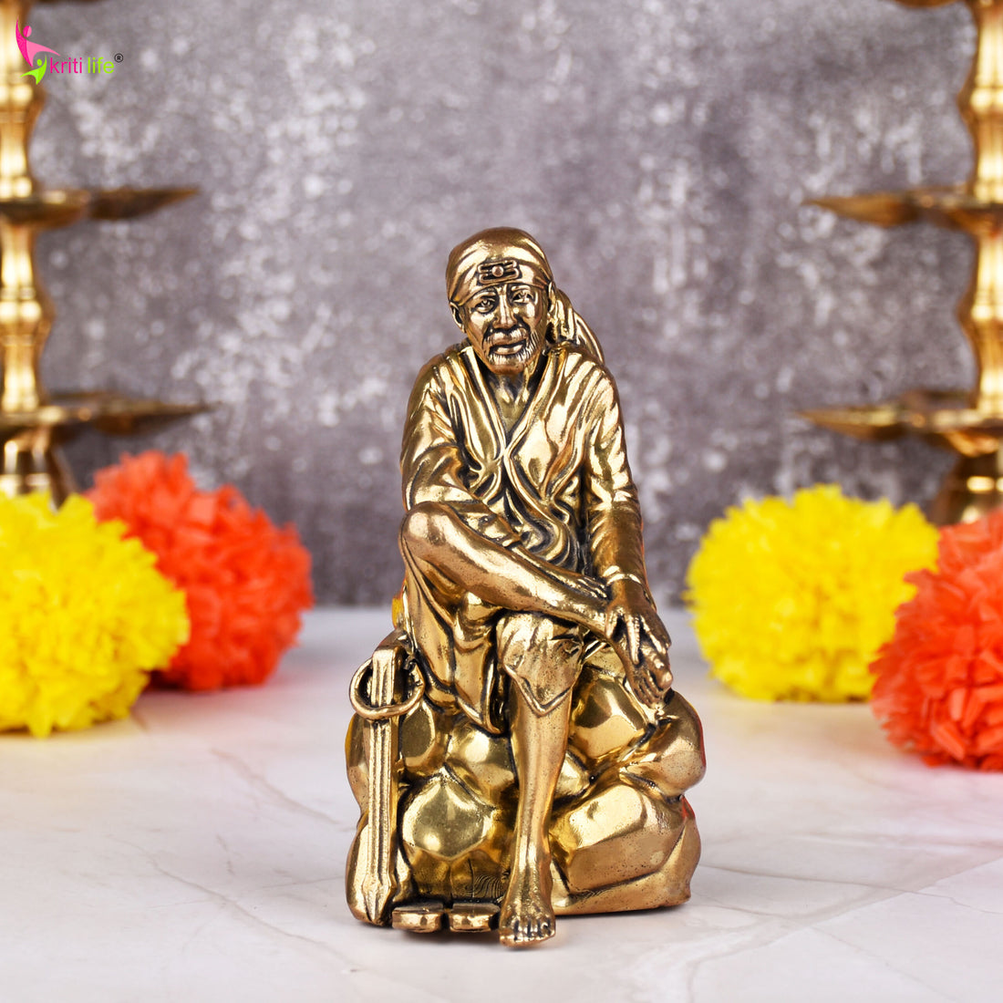 Brass Sai Baba Idol – Spiritual Sitting Pose Statue 4 inches for Home Temple & Décor- 4 inches