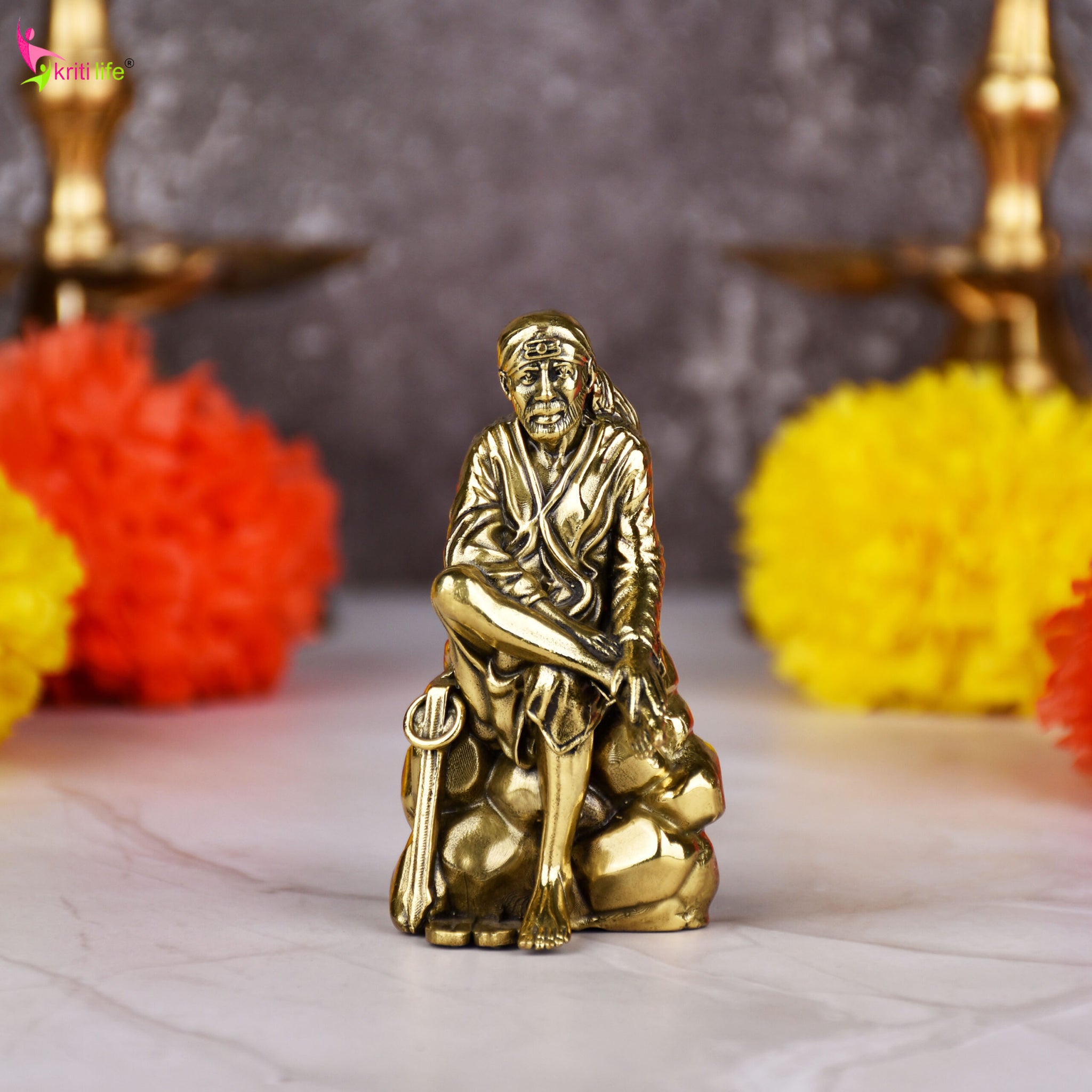 Brass Sai Baba Idol – Sitting Pose Statue for Home Mandir & Spiritual Décor |Small size| 3 inches