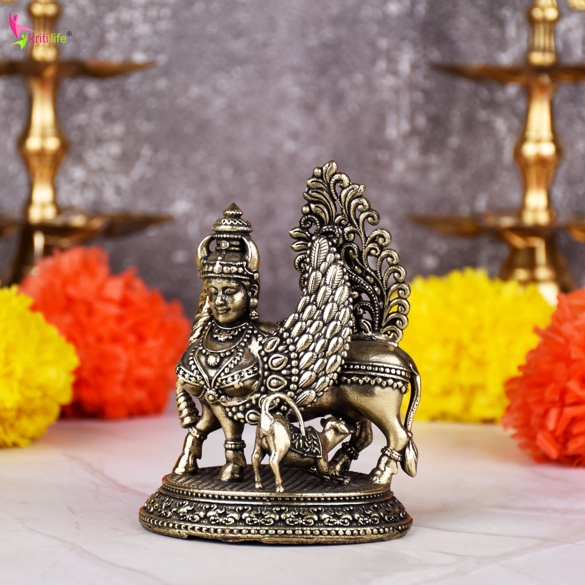 Antique Brass Kamdhenu Cow Statue 3 inches – Wish-Fulfilling Divine Cow Idol for Home & Temple