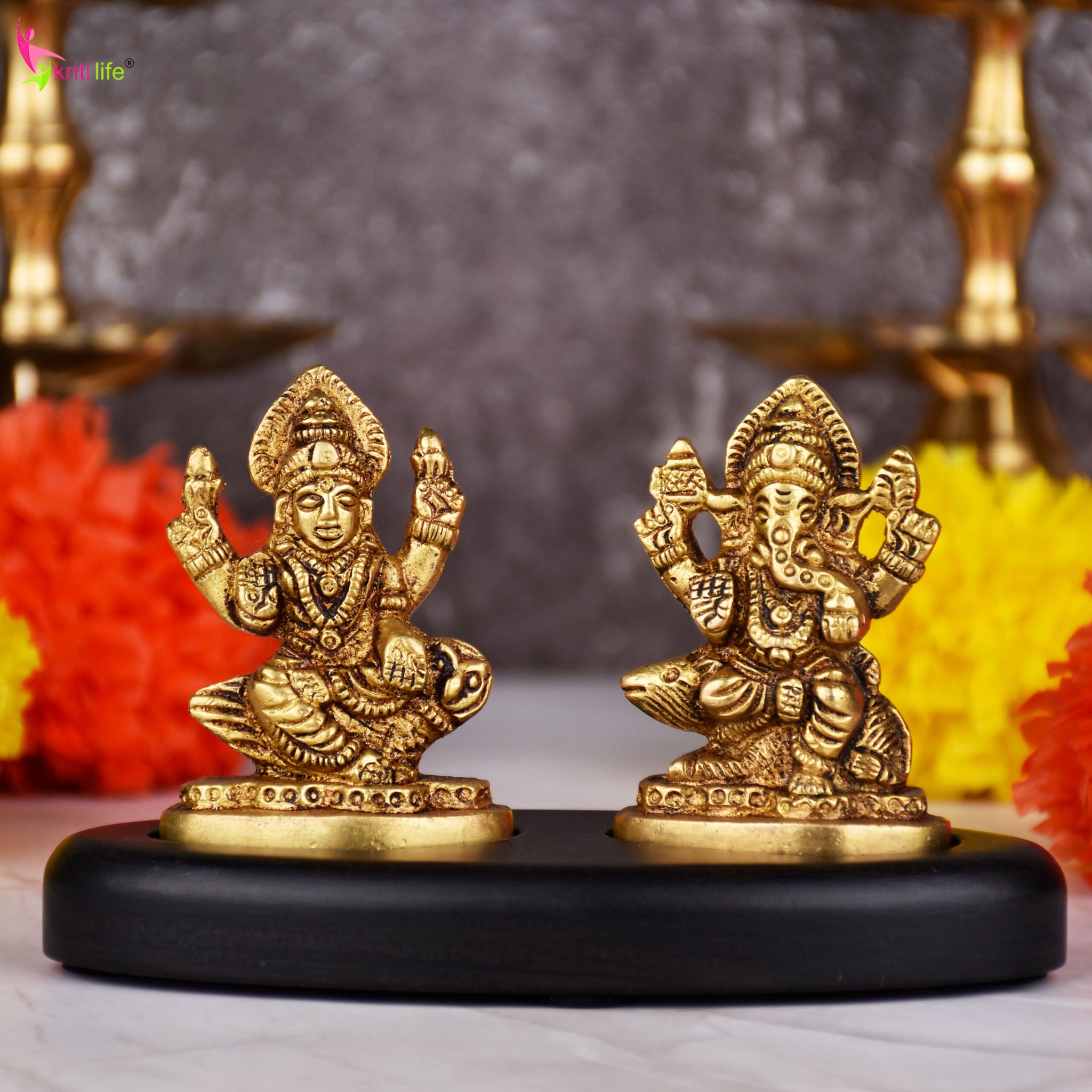 Mini Brass Lakshmi Ganesh Idol Set on Wooden Base | 3 inches | – Antique Finish for Diwali, Pooja & Gifting