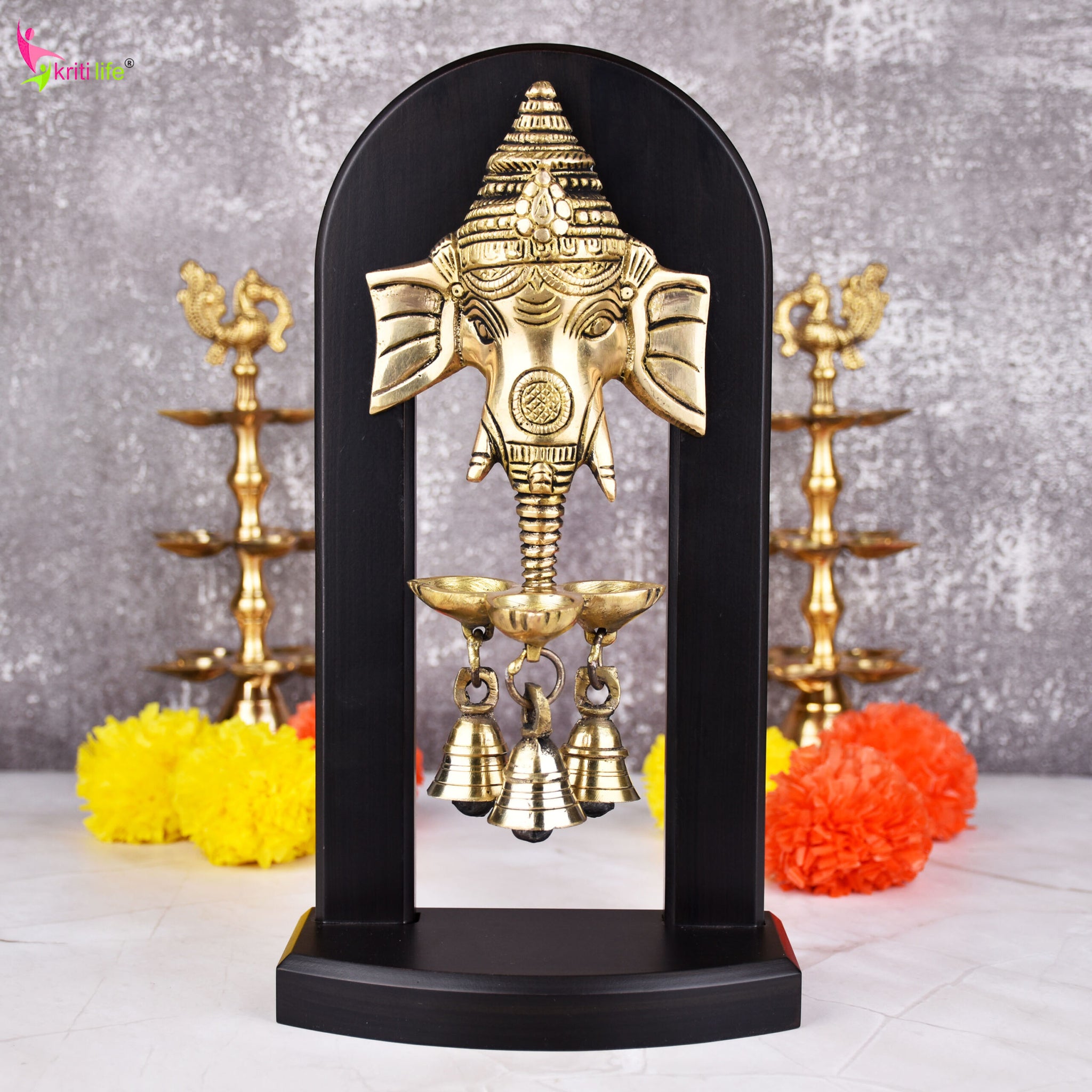 Brass Ganesha Wall Hanging Bell with Wooden Frame -11 inches – Decorative and Auspicious Door/Wall Accent