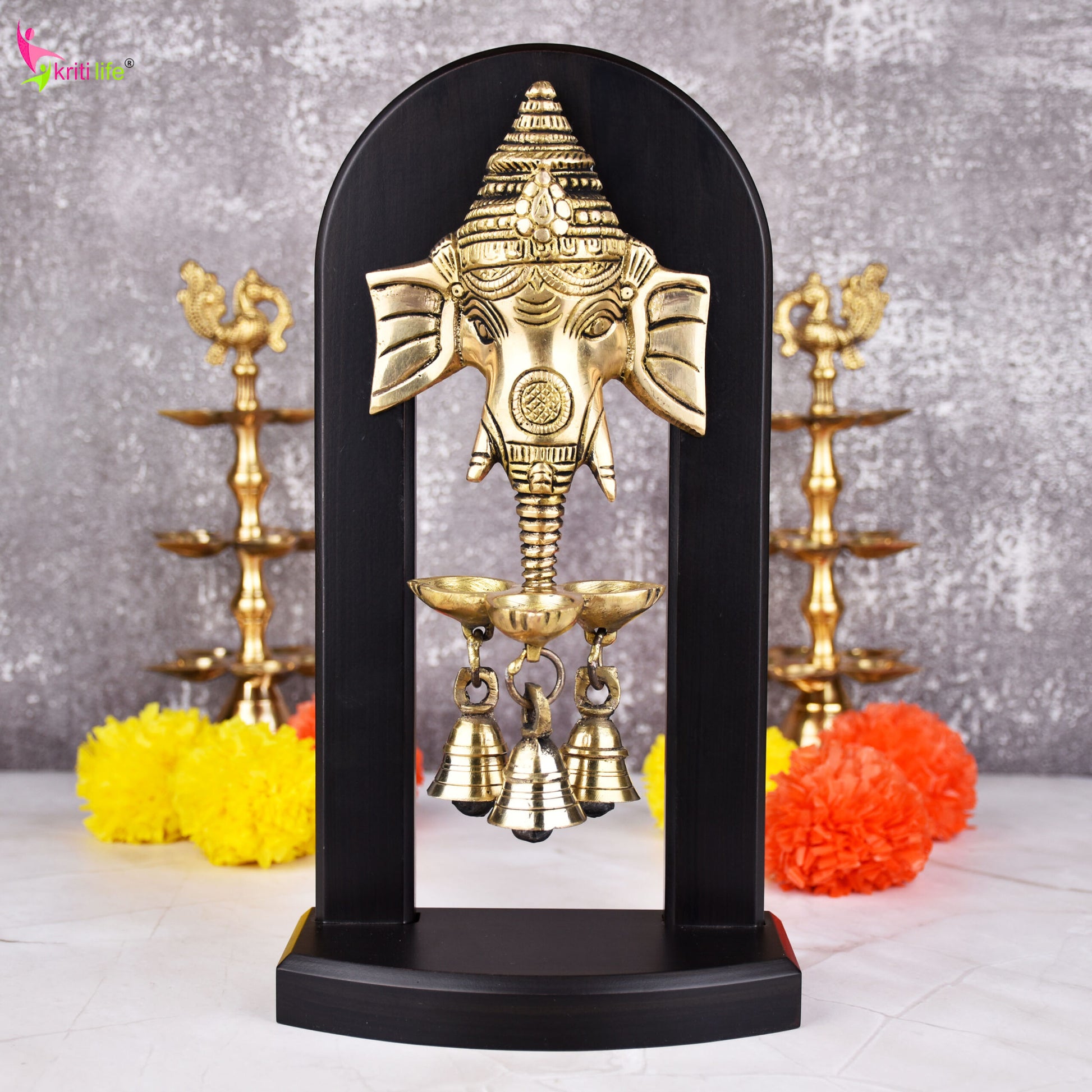 Brass Ganesha Wall Hanging Bell with Wooden Frame -11 inches – Decorative and Auspicious Door/Wall Accent