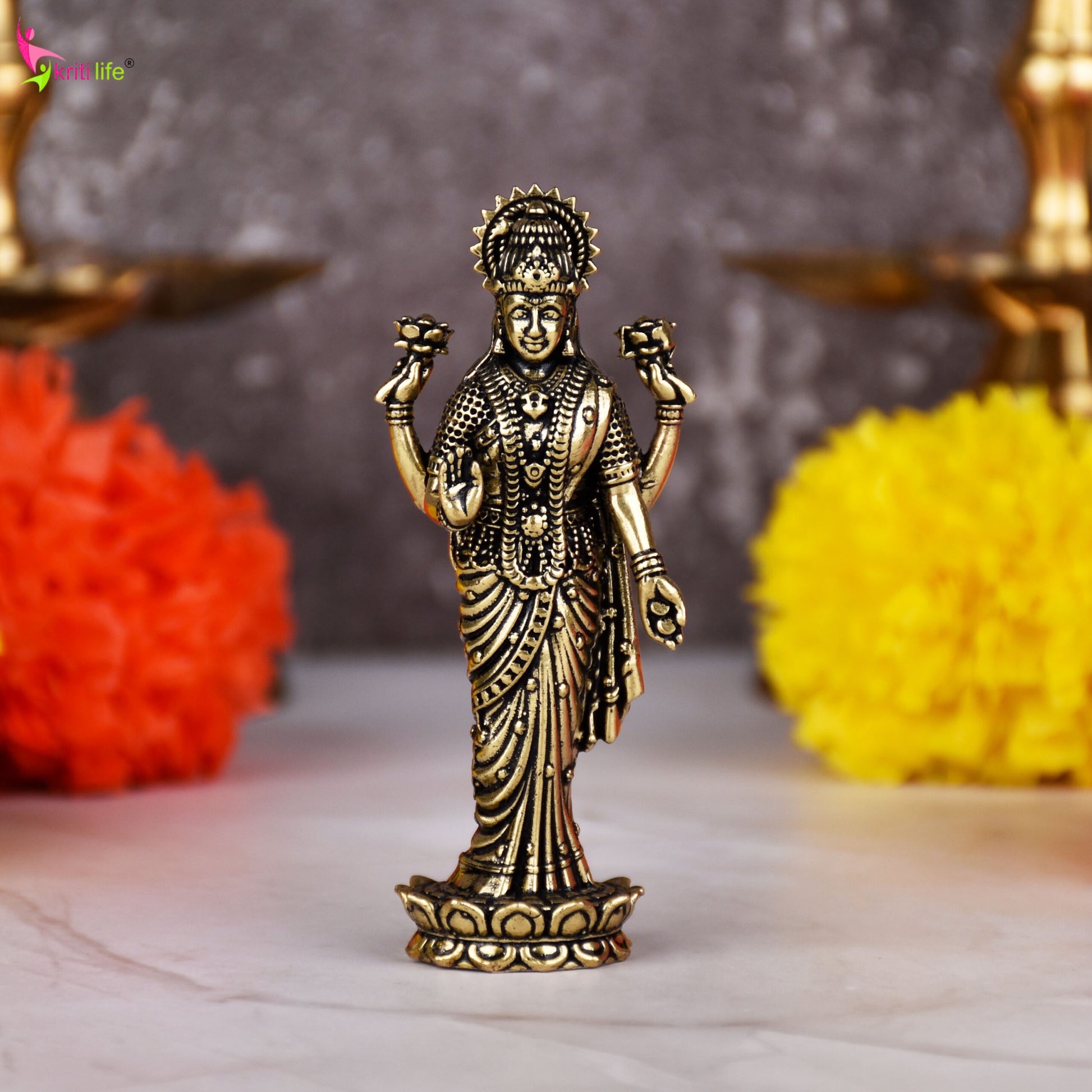 Brass Goddess Lakshmi Idol | 3 inches | – Handcrafted Figurine for Pooja Room & Home Decor | Small Size