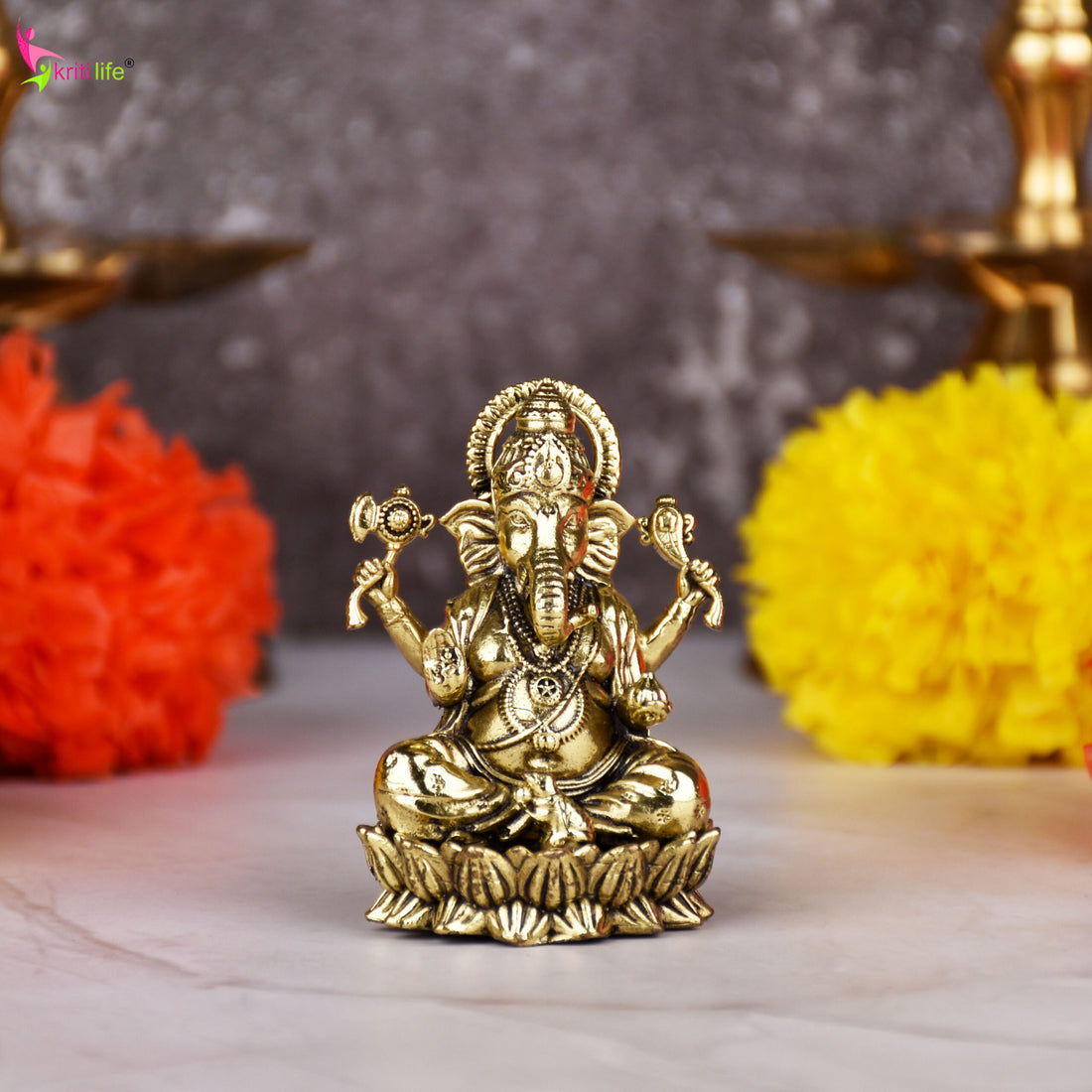Brass Lord Ganesha Idol – Handcrafted Antique Finish Ganpati Statue for Home & Temple |Small size | 2 inches