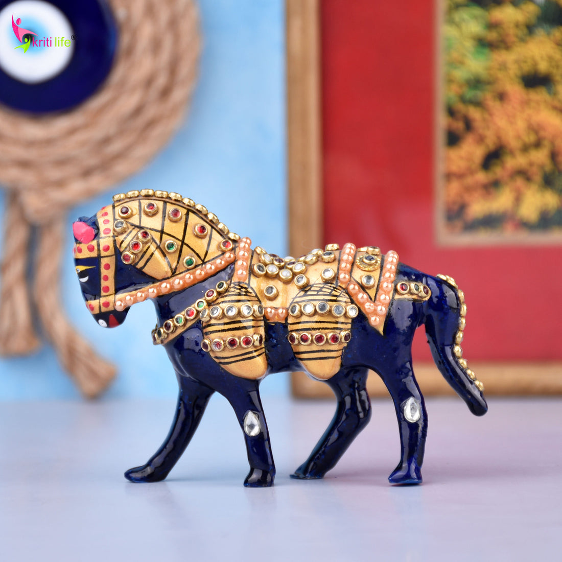 Handcrafted Aluminium Horse Showpiece | Ethnic Decor with Stonework - 3.5 inches
