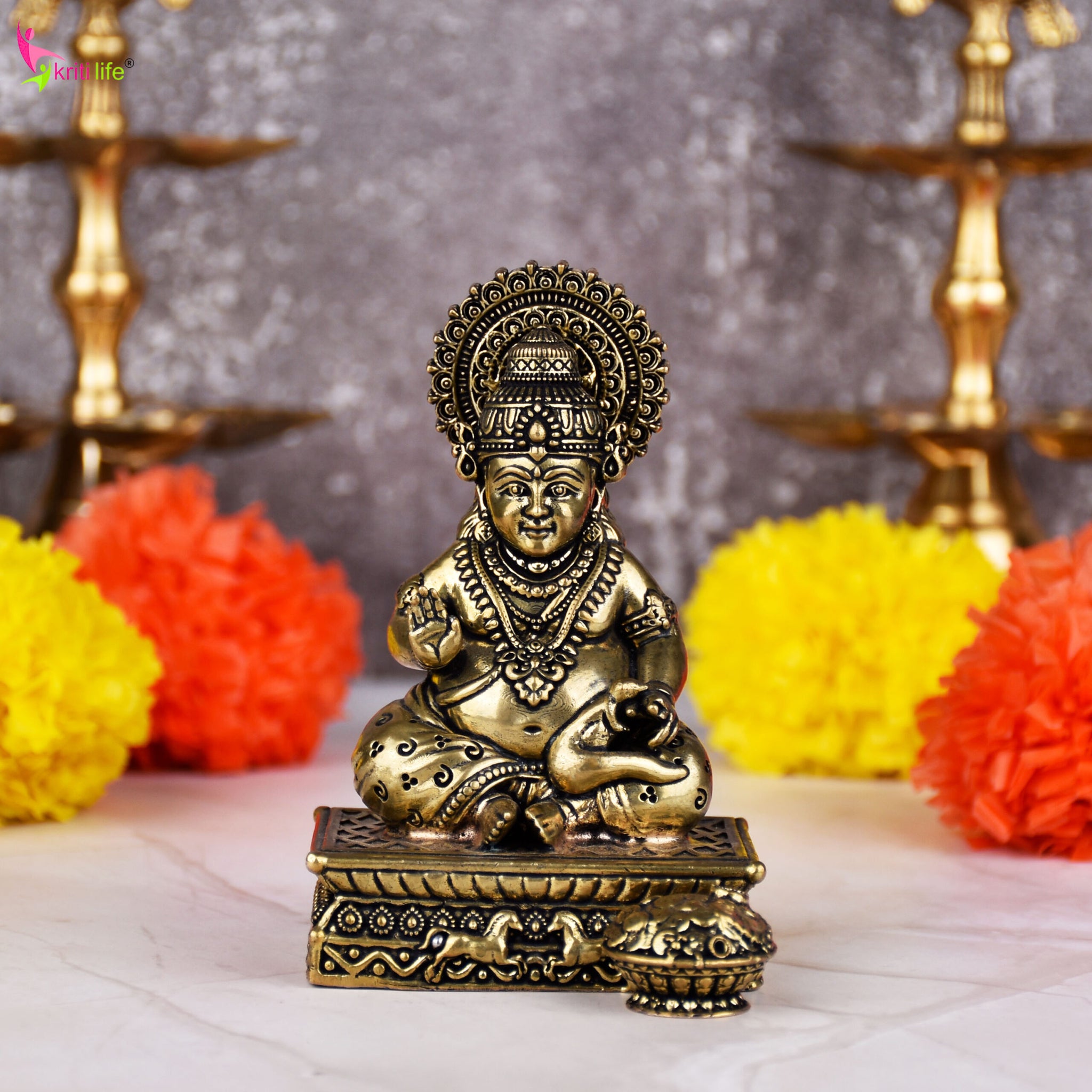 Handcrafted Brass Lord Kuber Idol | 4 inches Hindu God of Wealth Statue for Home Temple & Decor
