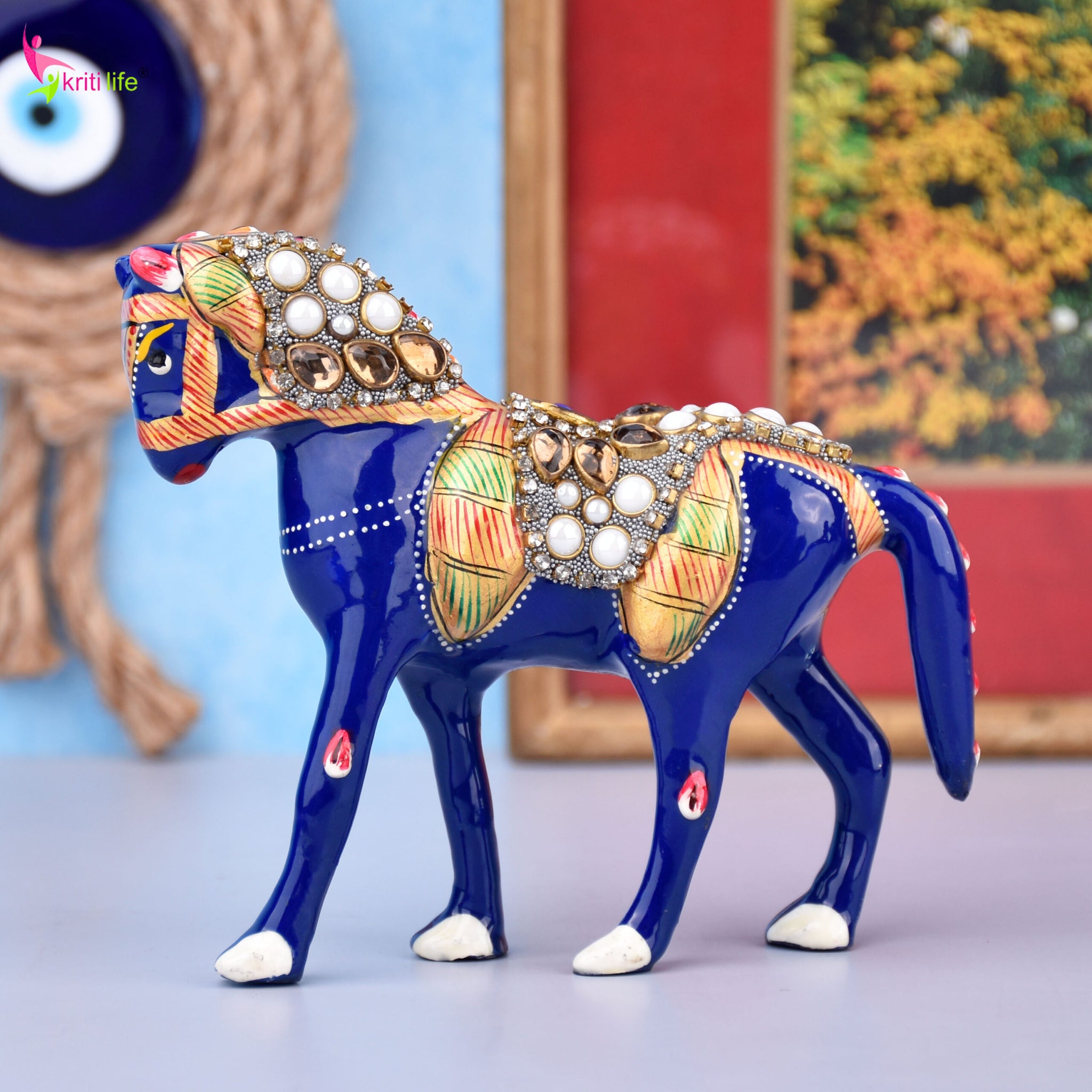 Handcrafted Royal Horse Showpiece | Enamel & Stone Decor | Aluminium | 4 inches