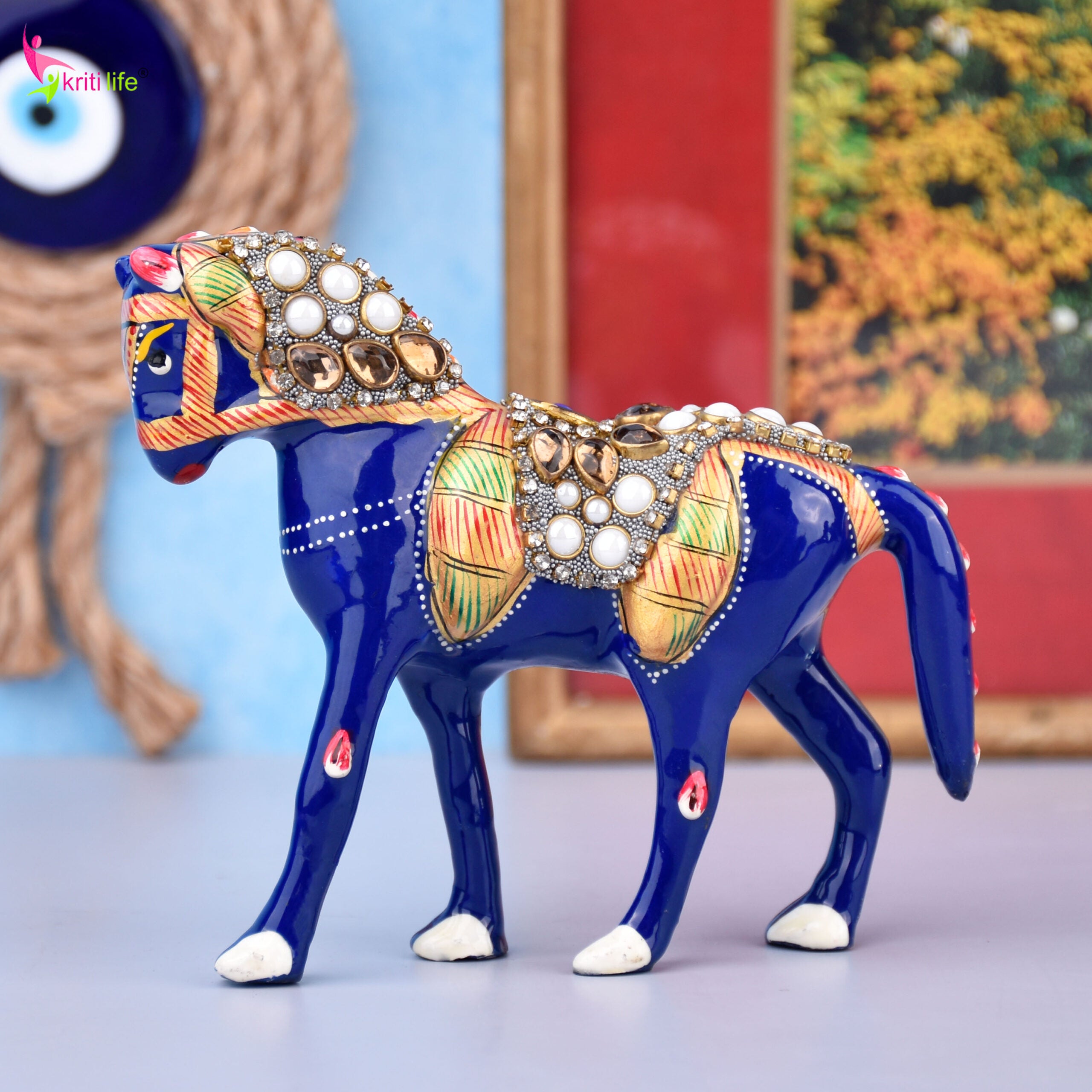 Handcrafted Royal Horse Showpiece | Enamel & Stone Decor | Aluminium | 4 inches
