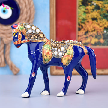 Handcrafted Royal Horse Showpiece | Enamel & Stone Decor | Aluminium | 4 inches