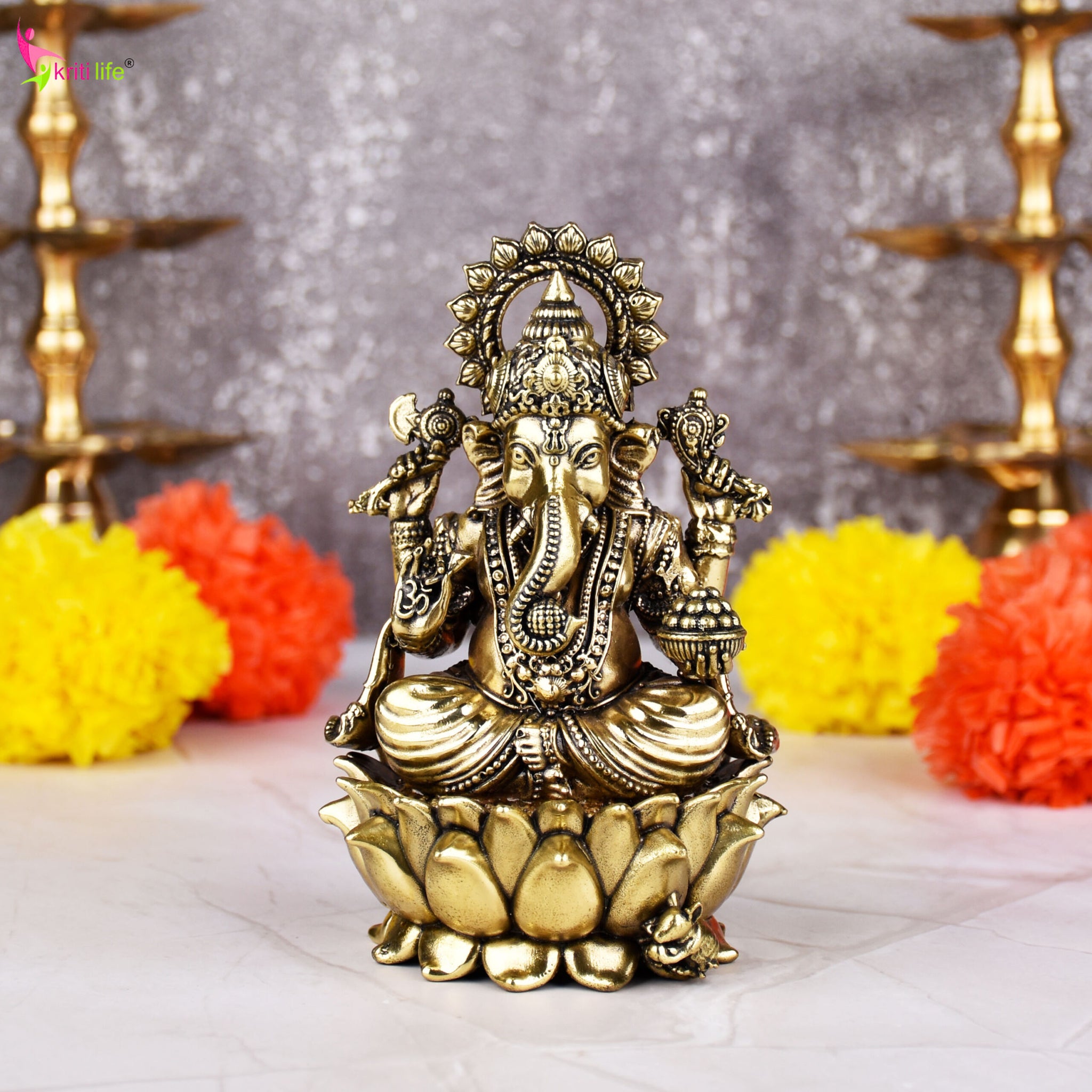 Brass Lord Ganesha Idol | Handcrafted  Brass Ganpati Murti Sitting on Lotus 5 inches for Home Temple, Office Decor & Gift