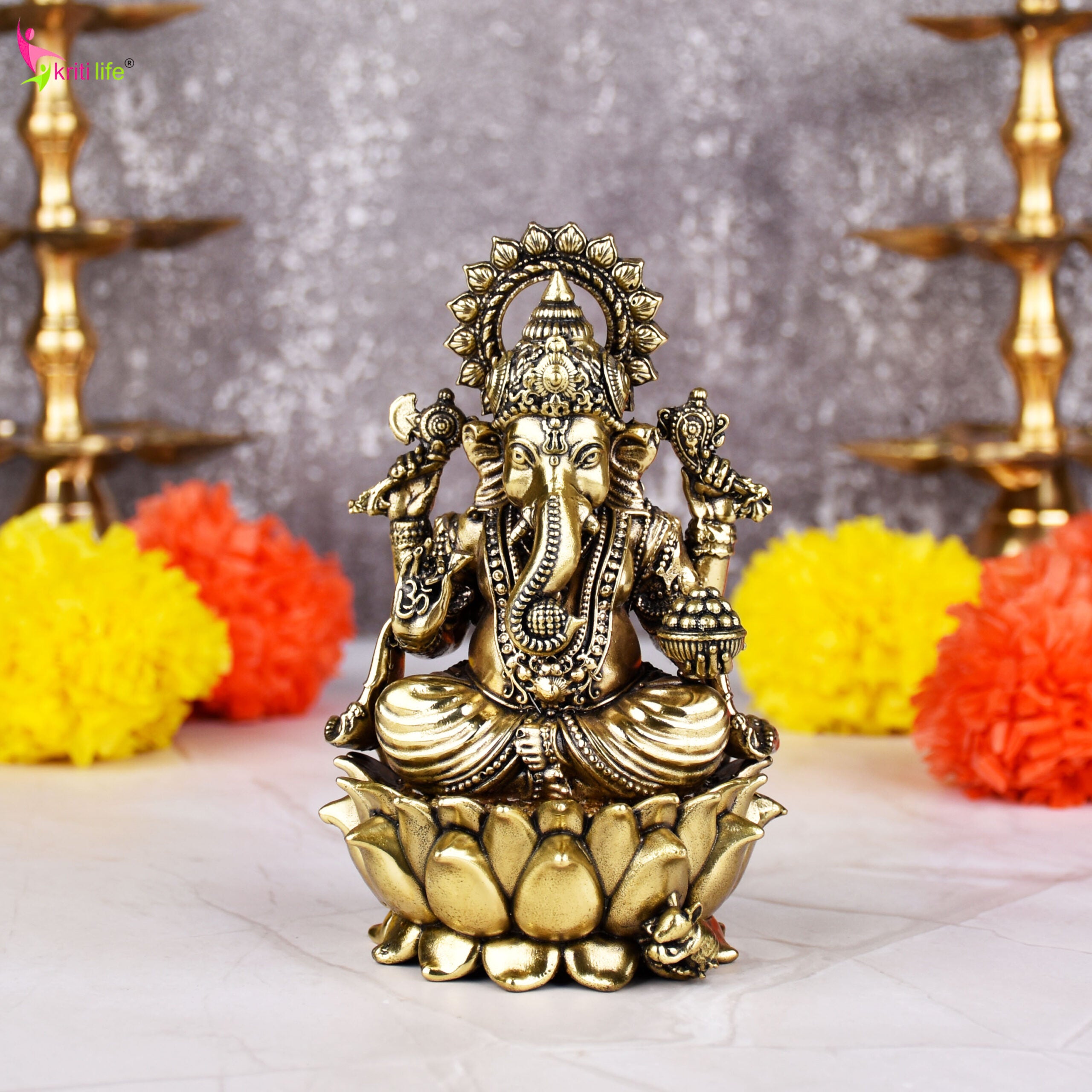 Brass Lord Ganesha Idol | Handcrafted  Brass Ganpati Murti Sitting on Lotus 5 inches for Home Temple, Office Decor & Gift
