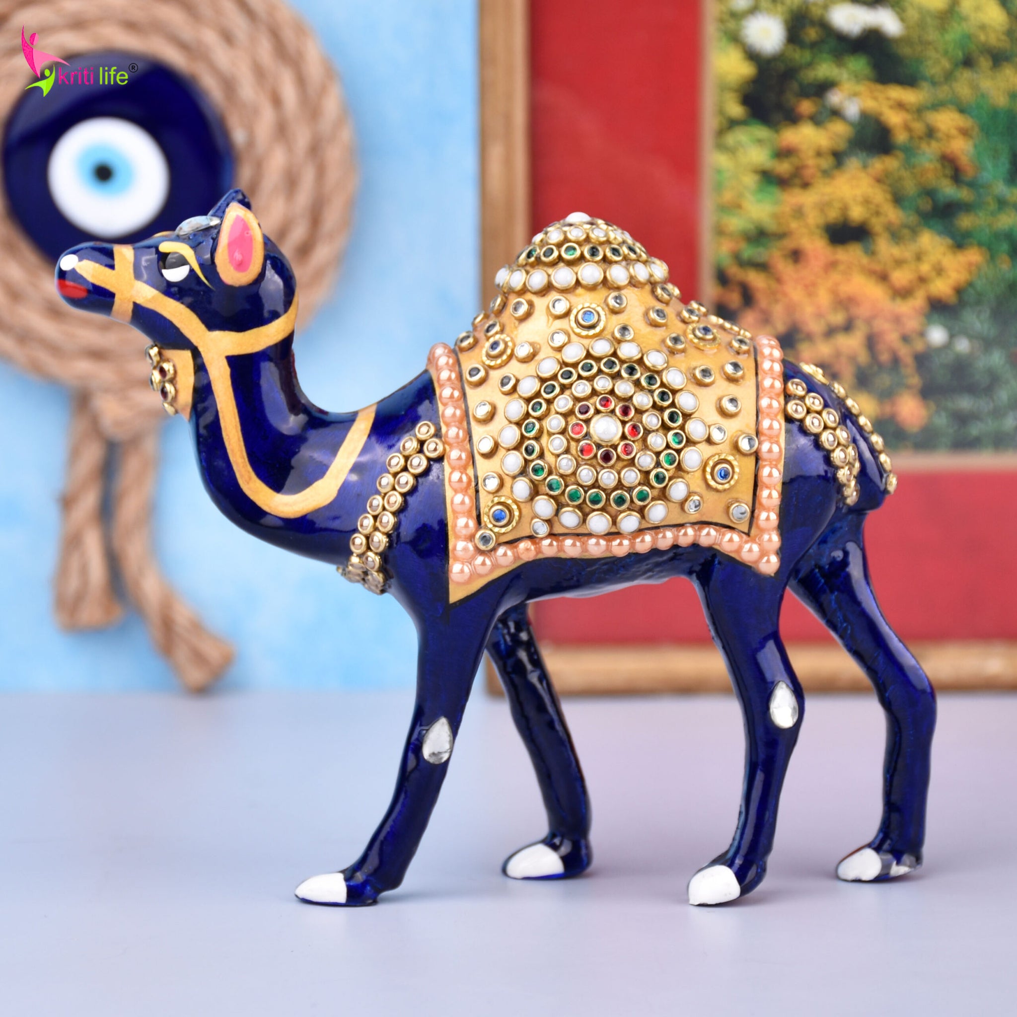Camel Showpiece | Aluminium Decor with Enamel & Stones - 6 inches