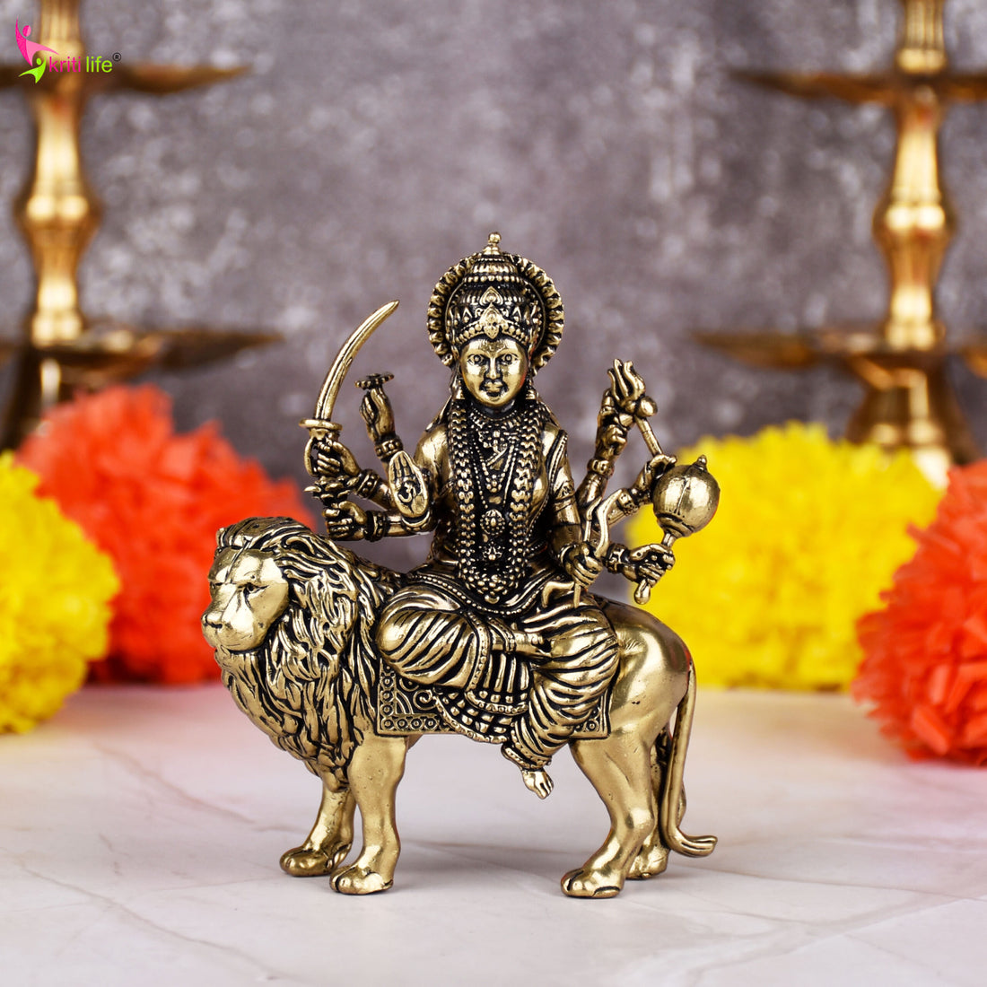 Brass Goddess Durga Idol on Lion | 3 inches | Handcrafted Divine Shakti Statue for Home Temple