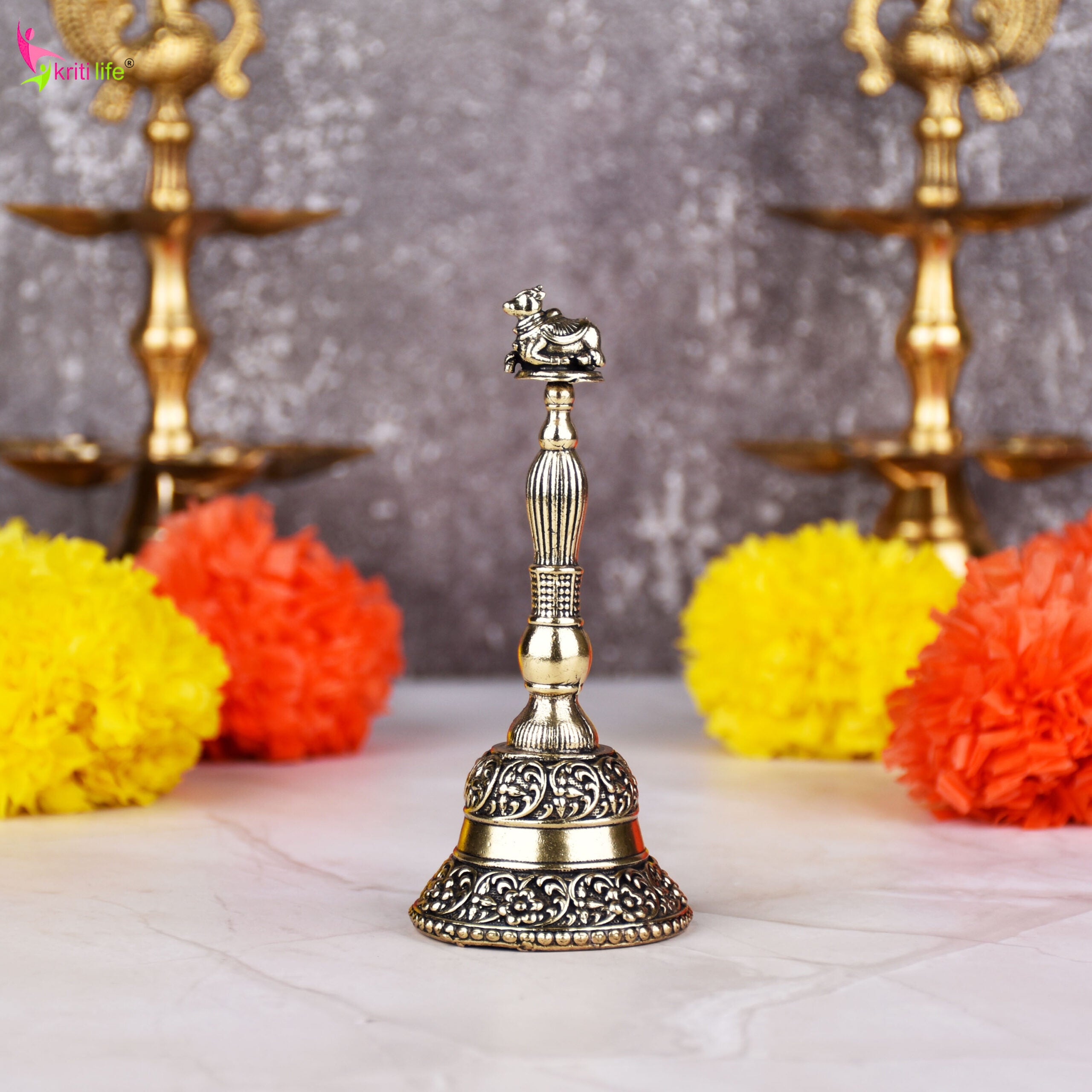 Handcrafted Brass Pooja Bell with Nandi Handle | 4 inches | Temple Ghanti for Daily Aarti
