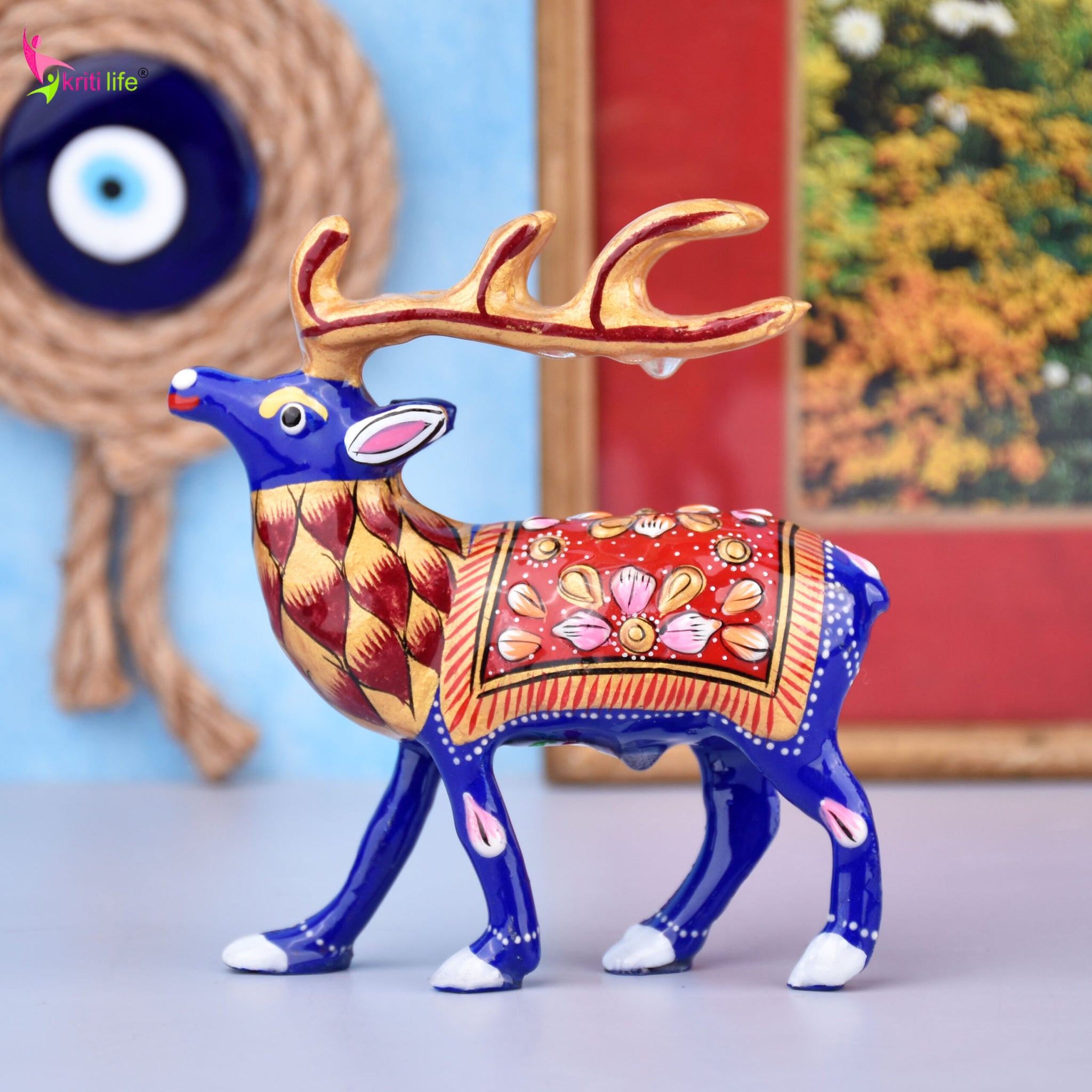 Handcrafted Aluminium Dear Showpiece | Enamel Painted Ethnic Decor