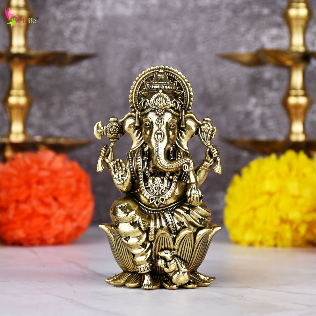 Brass Lord Ganesha Idol Sitting on Lotus – Antique Finish Decorative Statue 4 inches for Home & Office