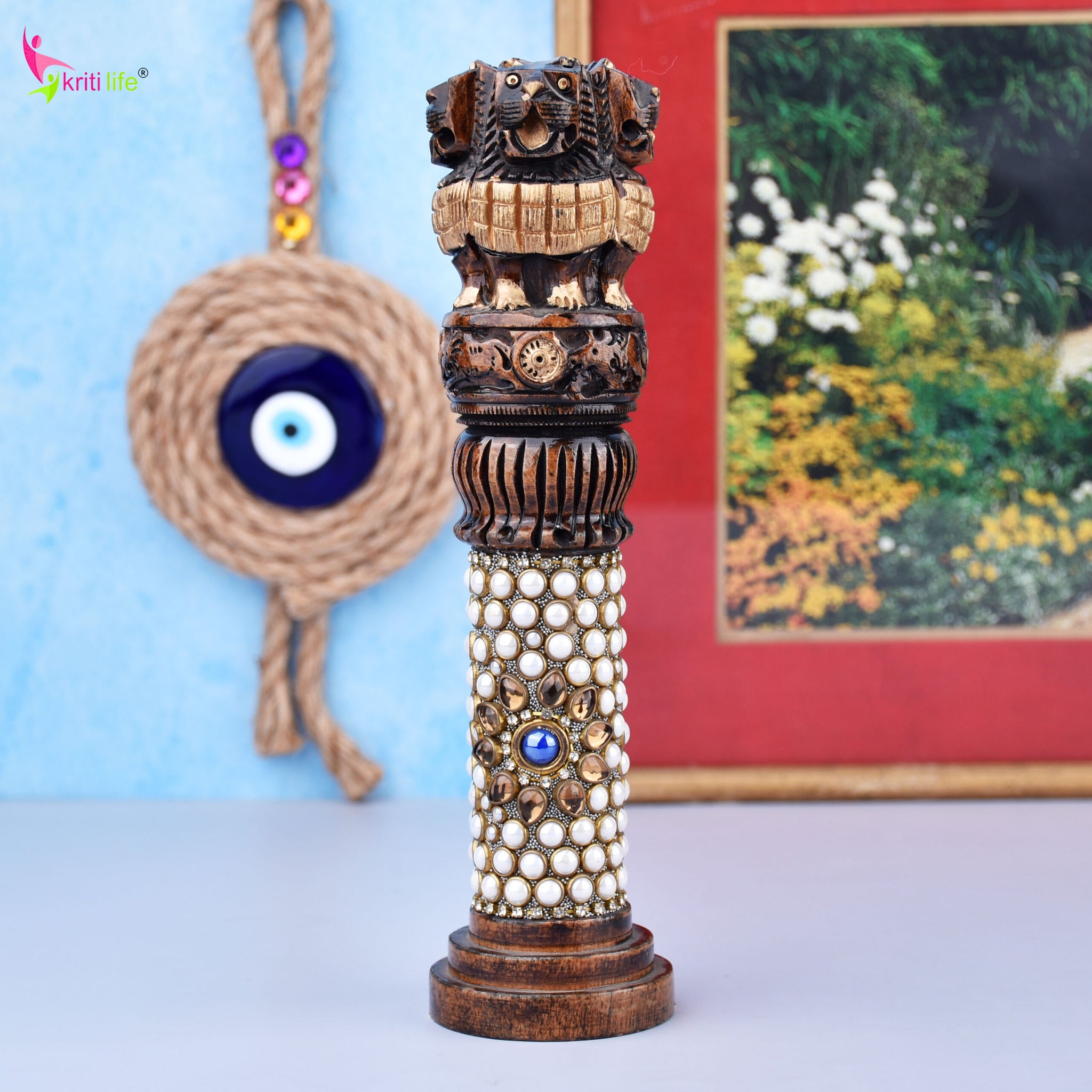 Wooden Ashok Stambh | National Emblem of India with Stone Work | 7.5 inches