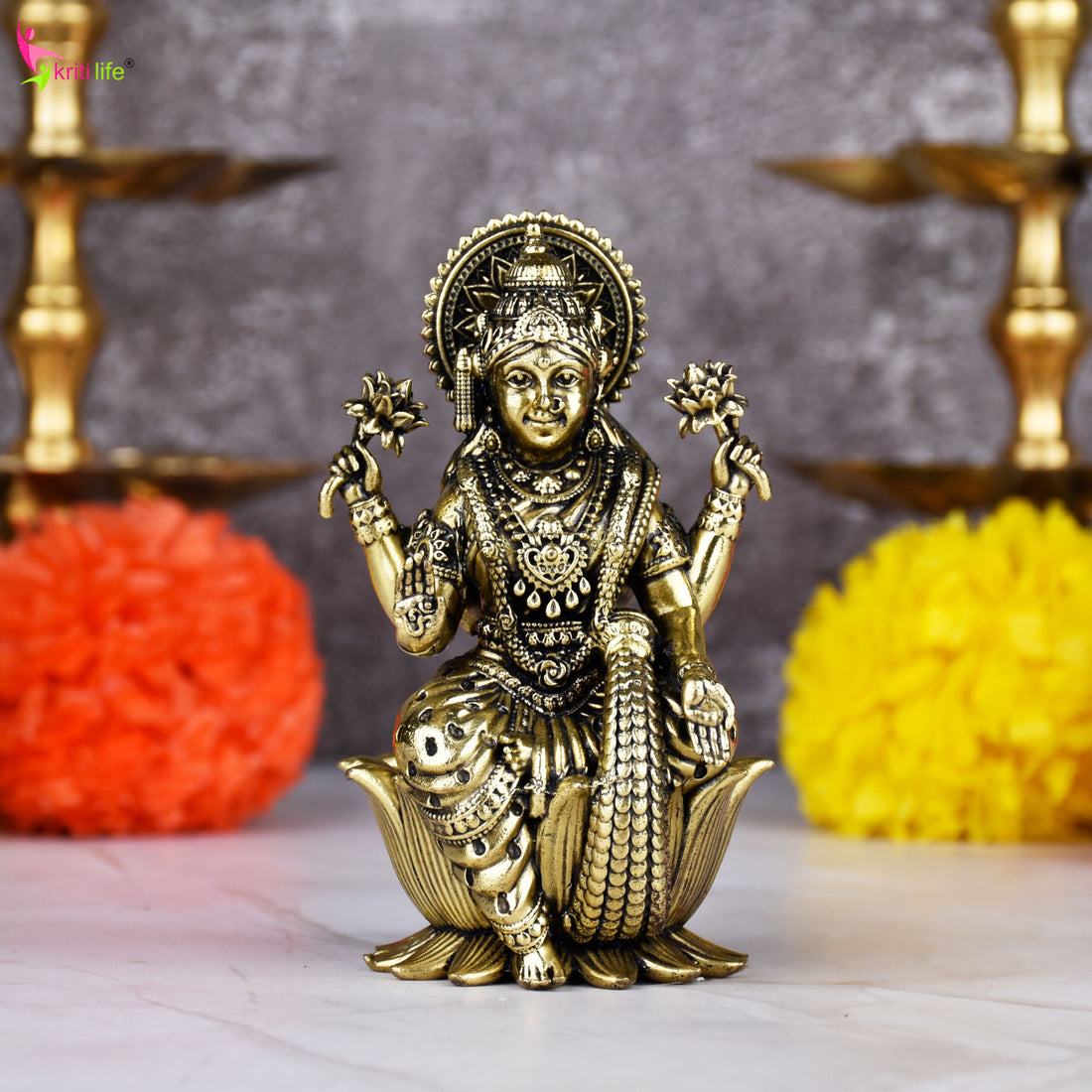 Brass Goddess Lakshmi Idol Sitting on Lotus – Antique Finish Statue 4 inches for Wealth & Prosperity