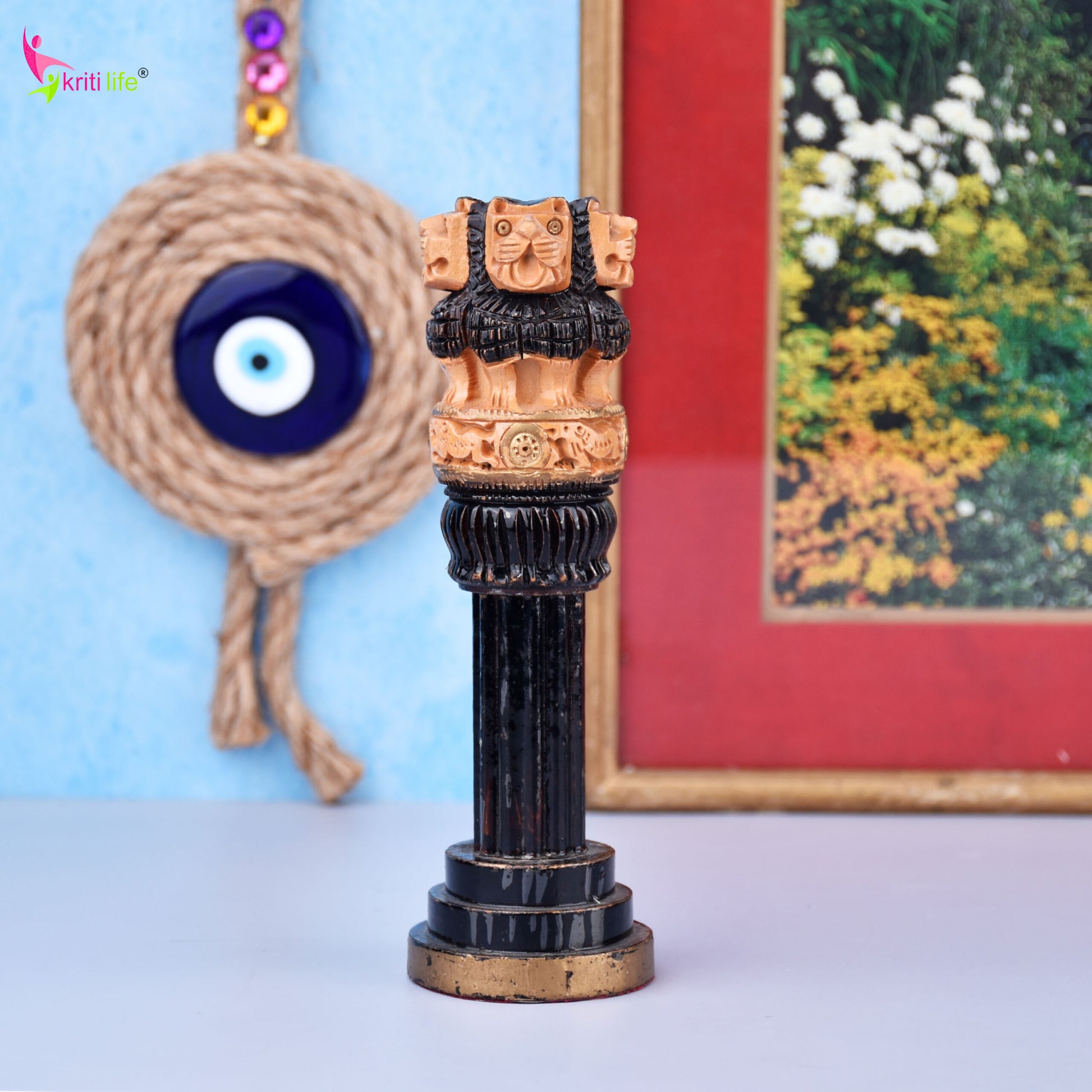 Wooden Ashok Stambh | National Emblem with Black & Natural Finish- 6 inches
