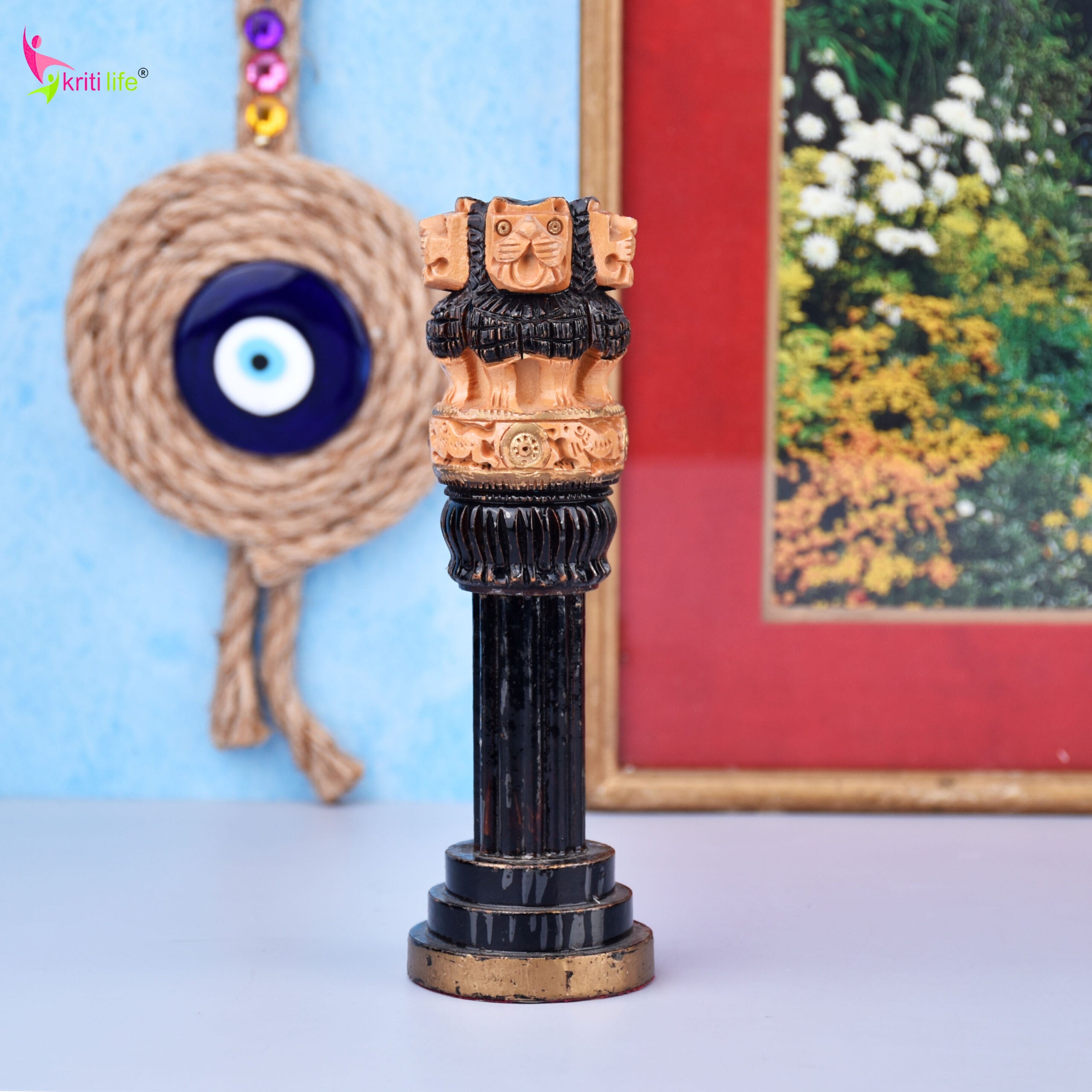 Wooden Ashok Stambh | National Emblem with Black & Natural Finish- 6 inches