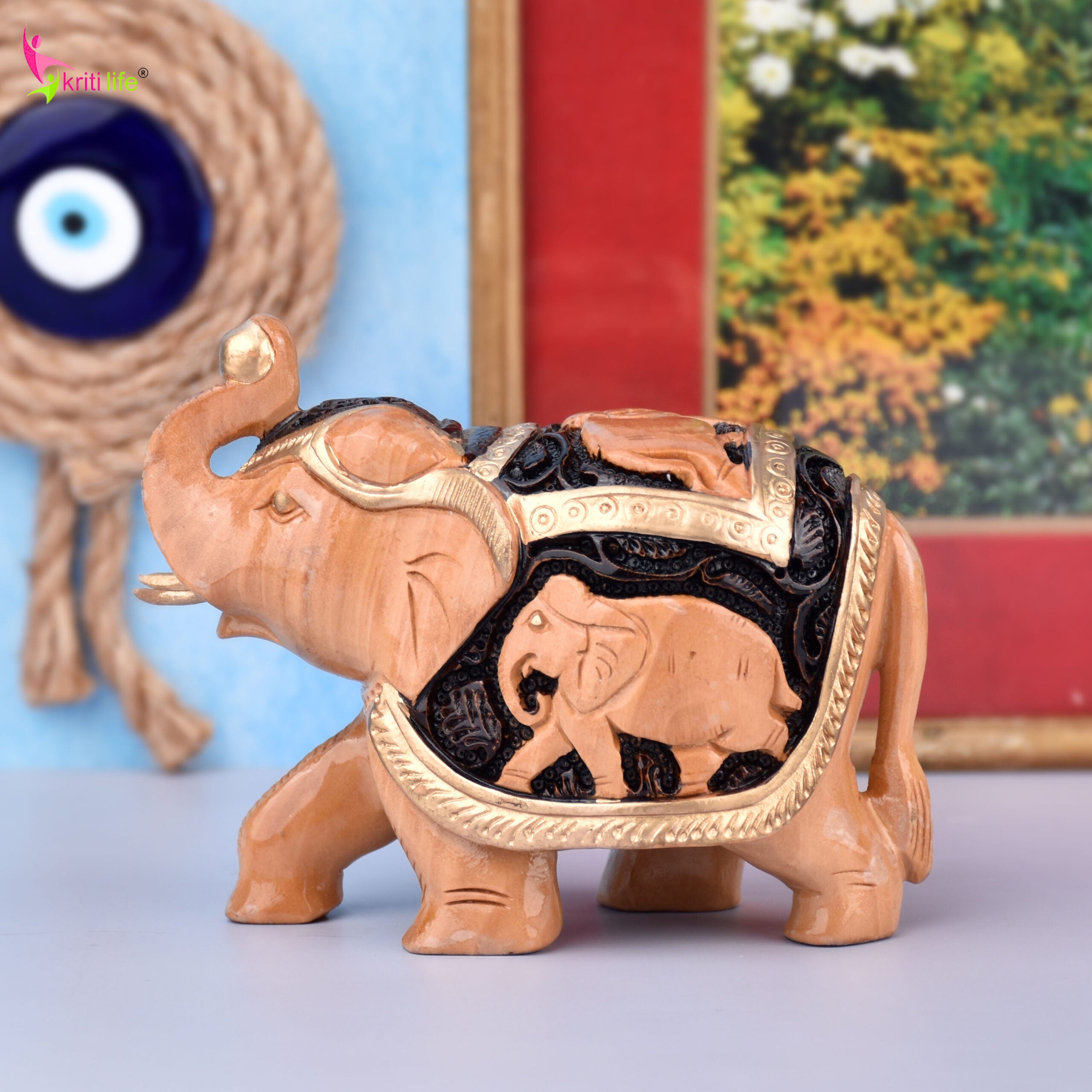 Handcrafted Wooden Elephant with Baby Elephant Carving | Natural Finish Decor-5 inches