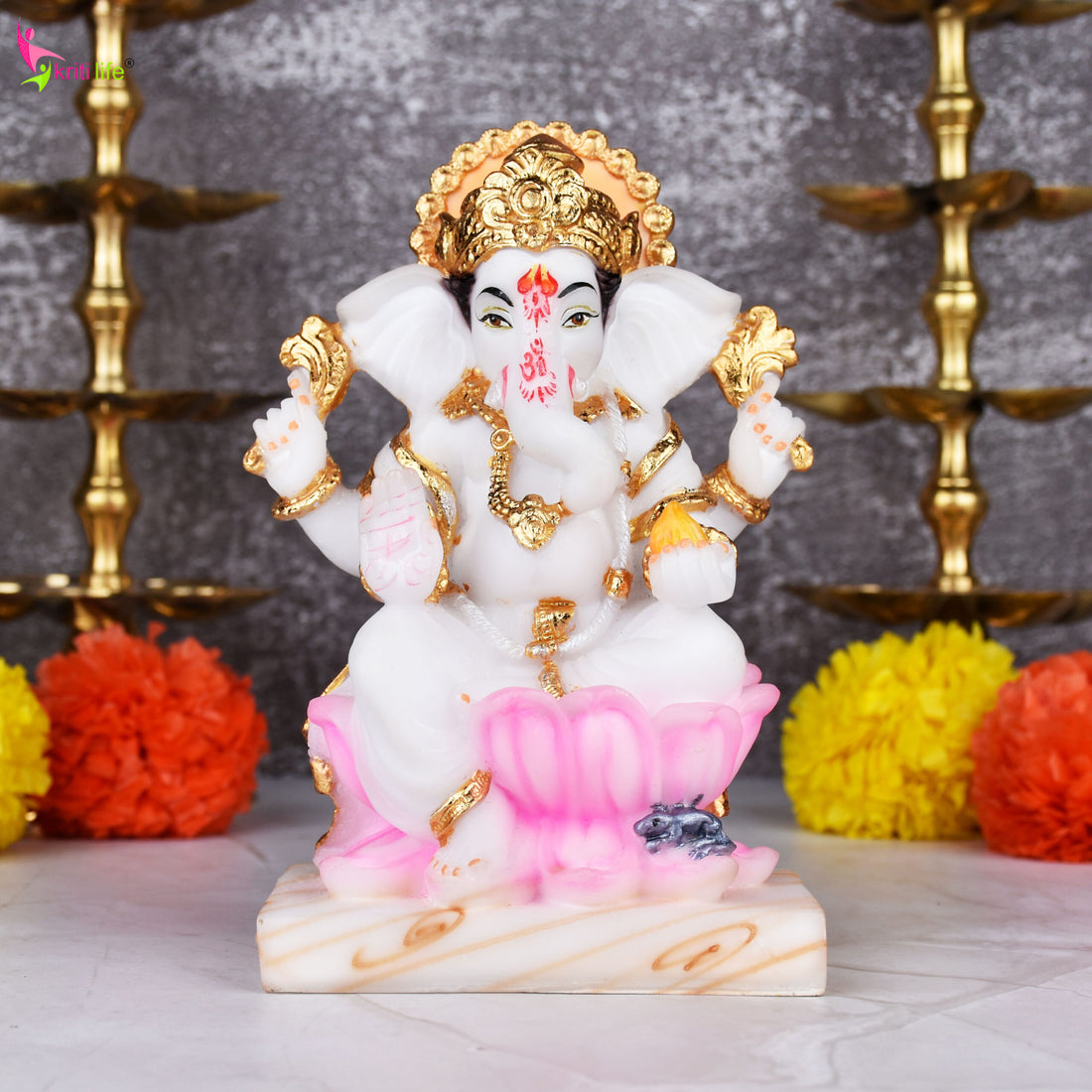 Lord Ganesha Idol in Polyresin | 6.5 inches | Sitting Ganpati Statue on Lotus with Golden Accents