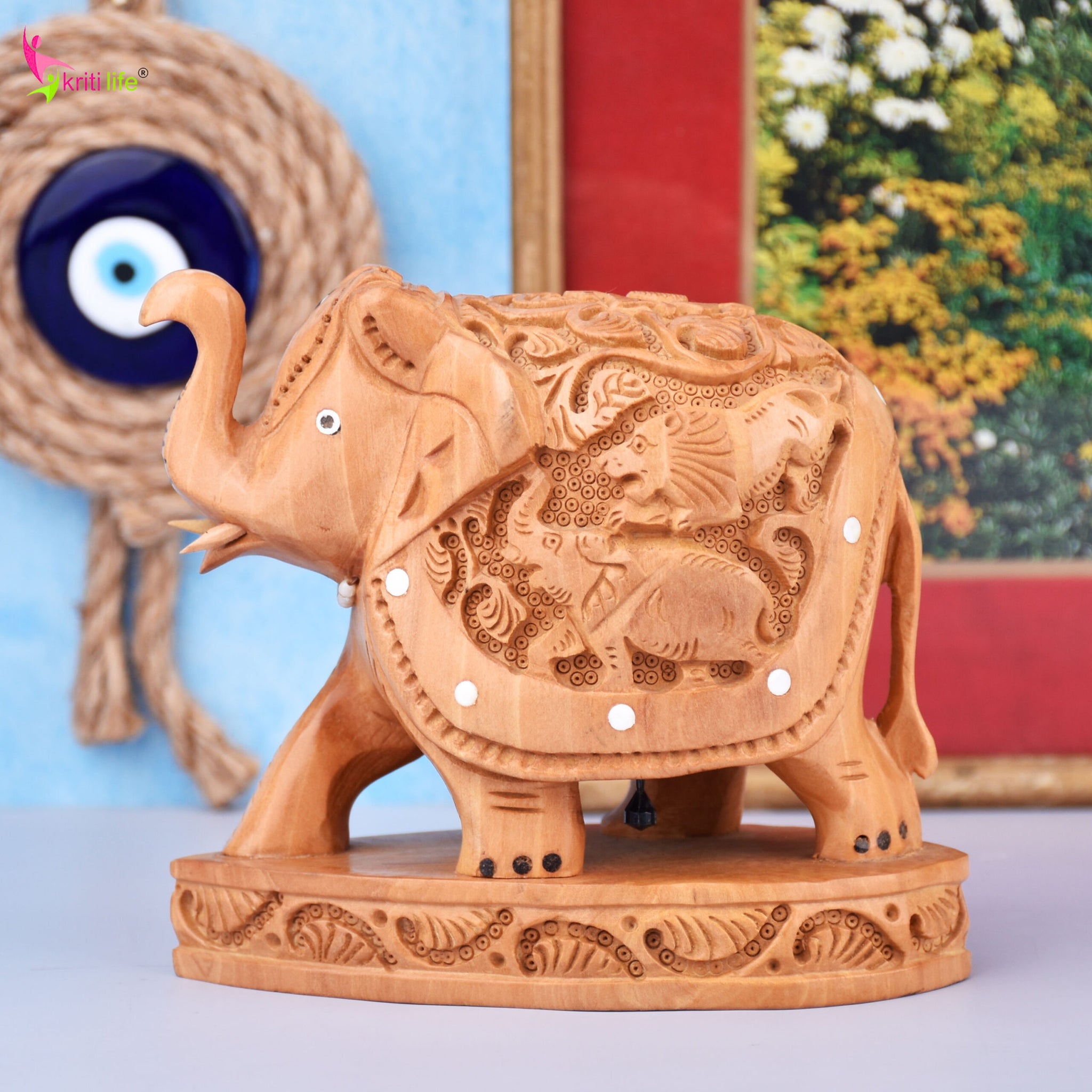 Wooden Elephant Showpiece | Detailed Animal Carving Decor- 5.5 inches