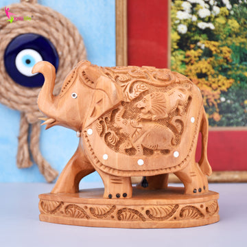 Wooden Elephant Showpiece | Detailed Animal Carving Decor- 5.5 inches