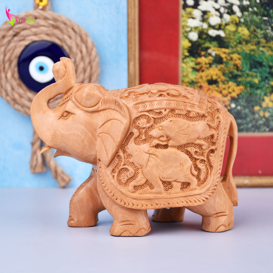 Handcrafted Wooden Elephant Showpiece | Intricate Animal Carving Decor- 6 inches