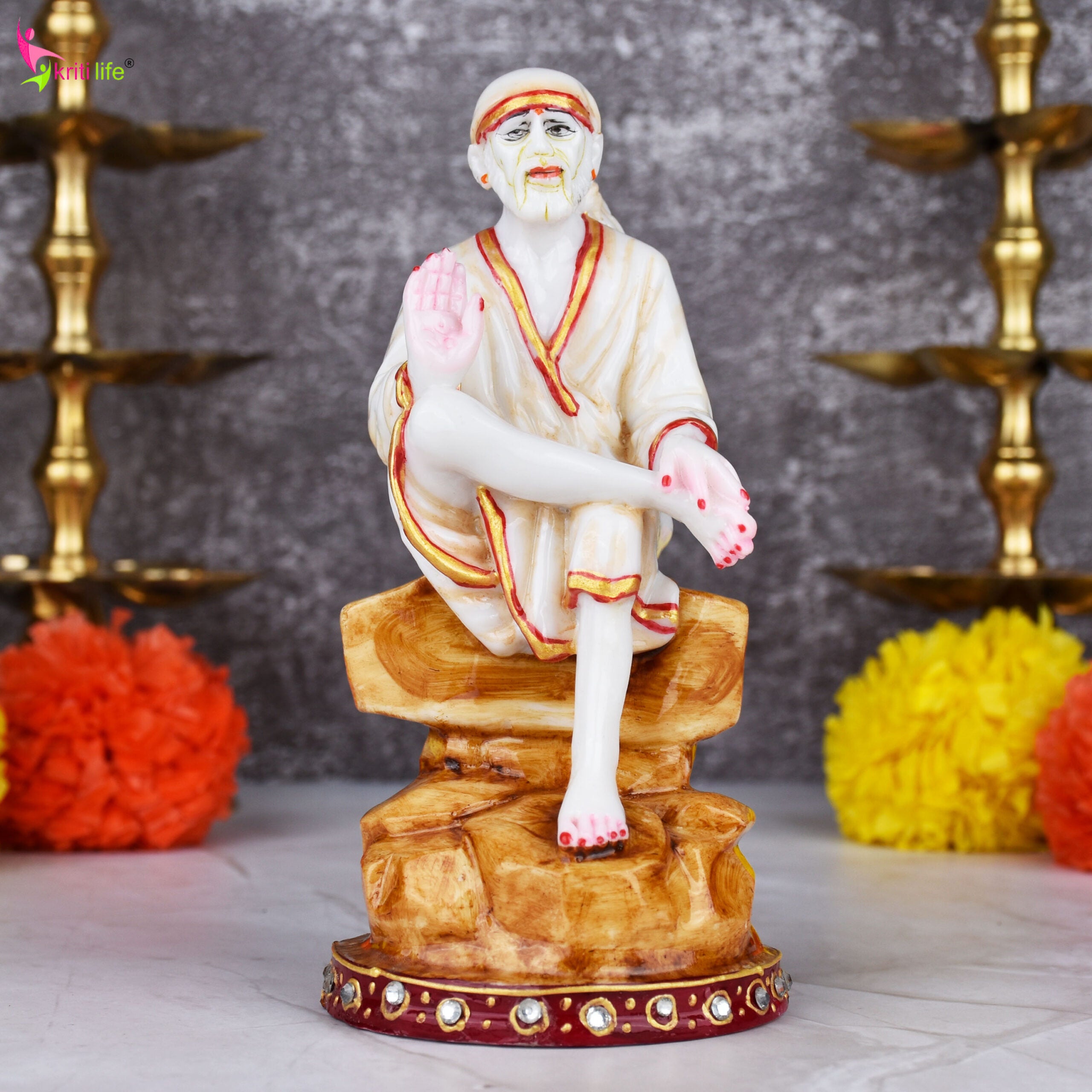 Blessing Sai Baba Idol in Marble Dust | 6 inches | – Sitting on Rock Design