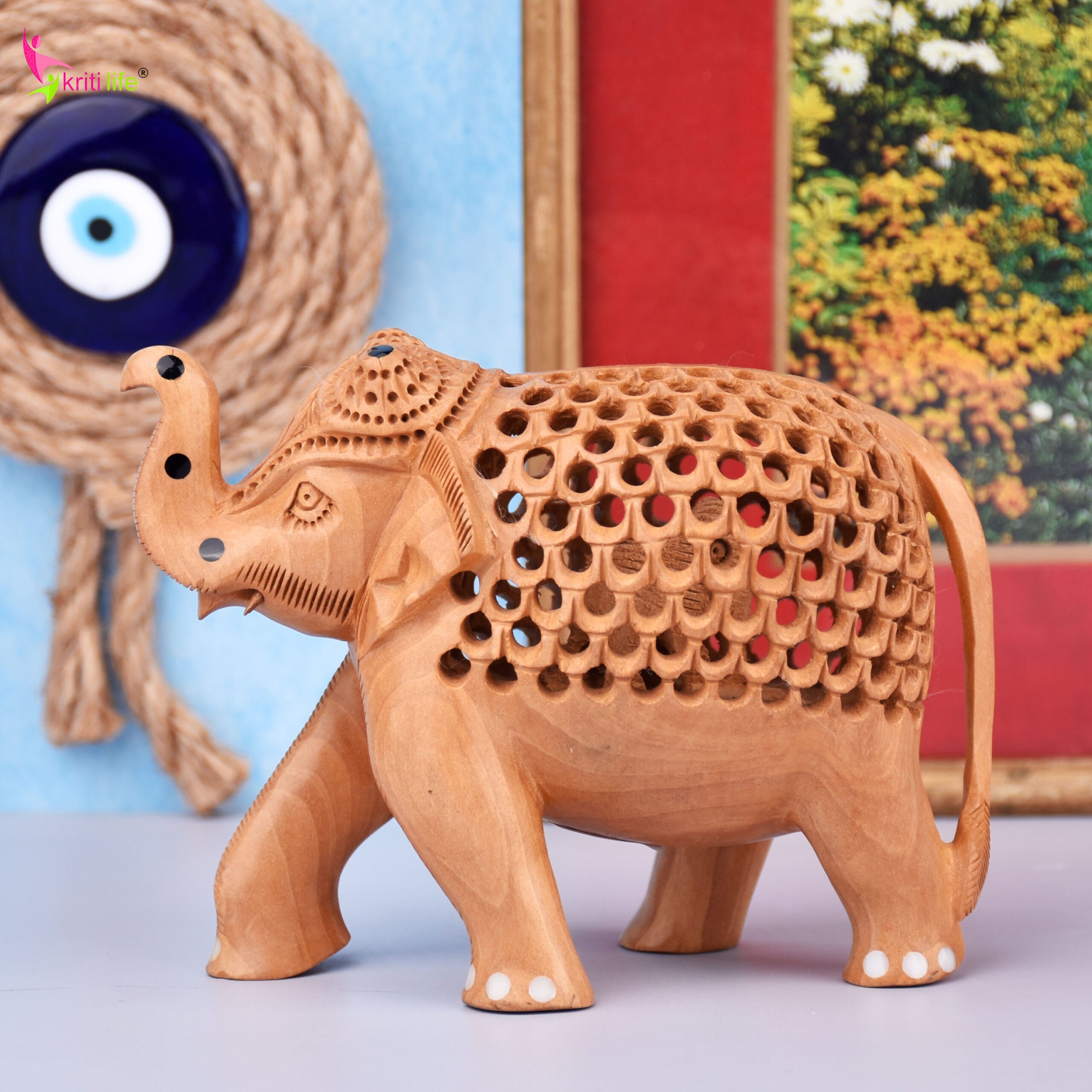 Handcrafted Wooden Jali Work Elephant | Baby Elephant Inside | Natural Wood Finish-5.5 inches