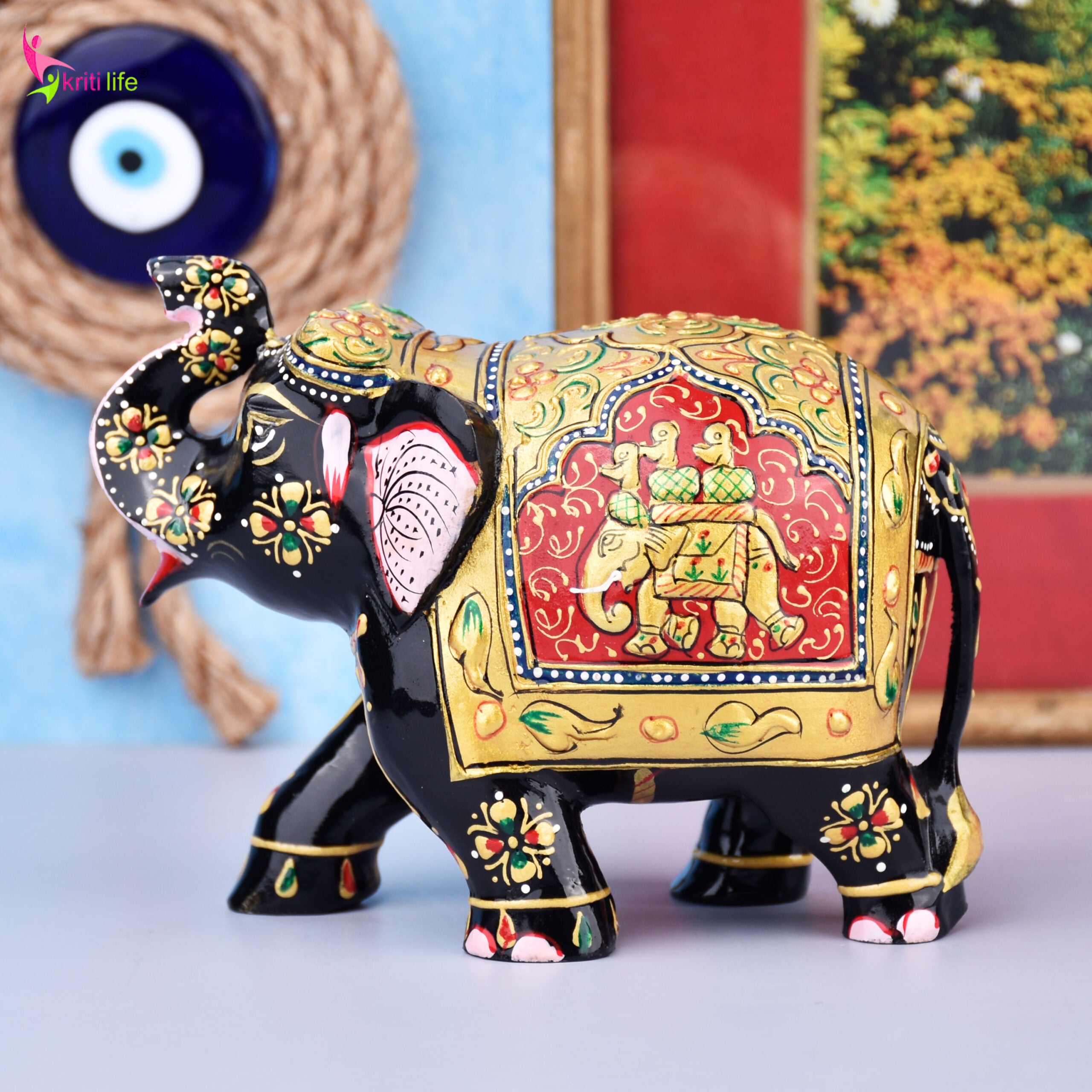 Wooden Painted Elephant | Rajasthani Folk Art Decor Showpiece- 5.5 inches