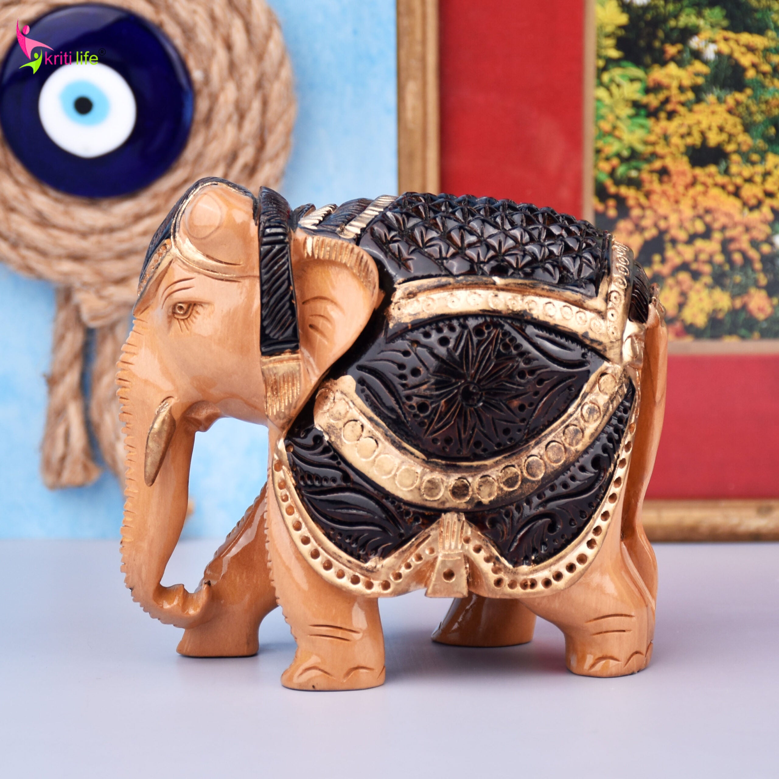 Handcrafted Wooden Elephant Showpiece | Brawn & Gold Painted Rajasthani Art- 4.5 inches