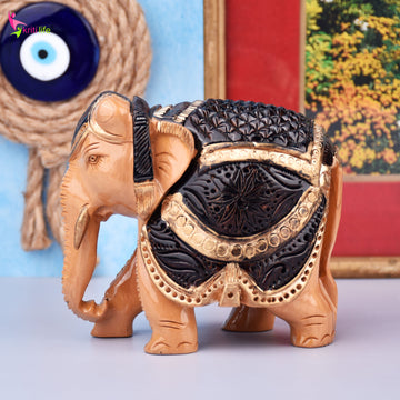 Handcrafted Wooden Elephant Showpiece | Brawn & Gold Painted Rajasthani Art- 4.5 inches