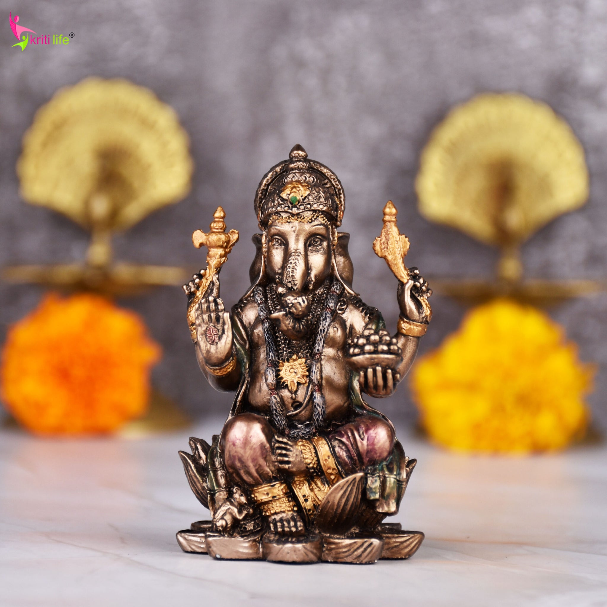 Antique Finish Lord Ganesha Idol in Polyresin – Ganpati Statue 3 inches for Pooja, Home & Office Décor