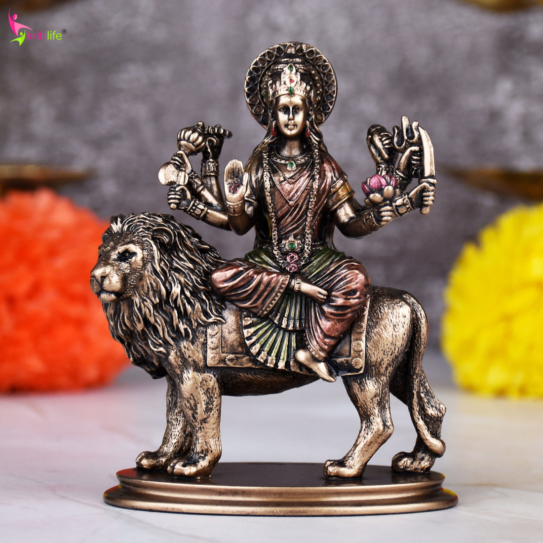 Maa Durga Statue Riding Lion – Handcrafted Polyresin Statue | 3.5 inches | Idol for Pooja Room & Gifting