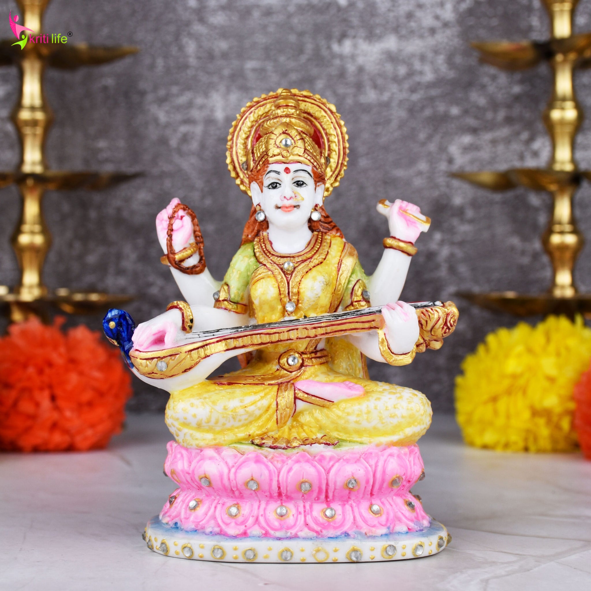 Goddess Saraswati Idol | 5 inches | – Handcrafted Marble Dust Elegant Decorative Statue for Home & Study Room
