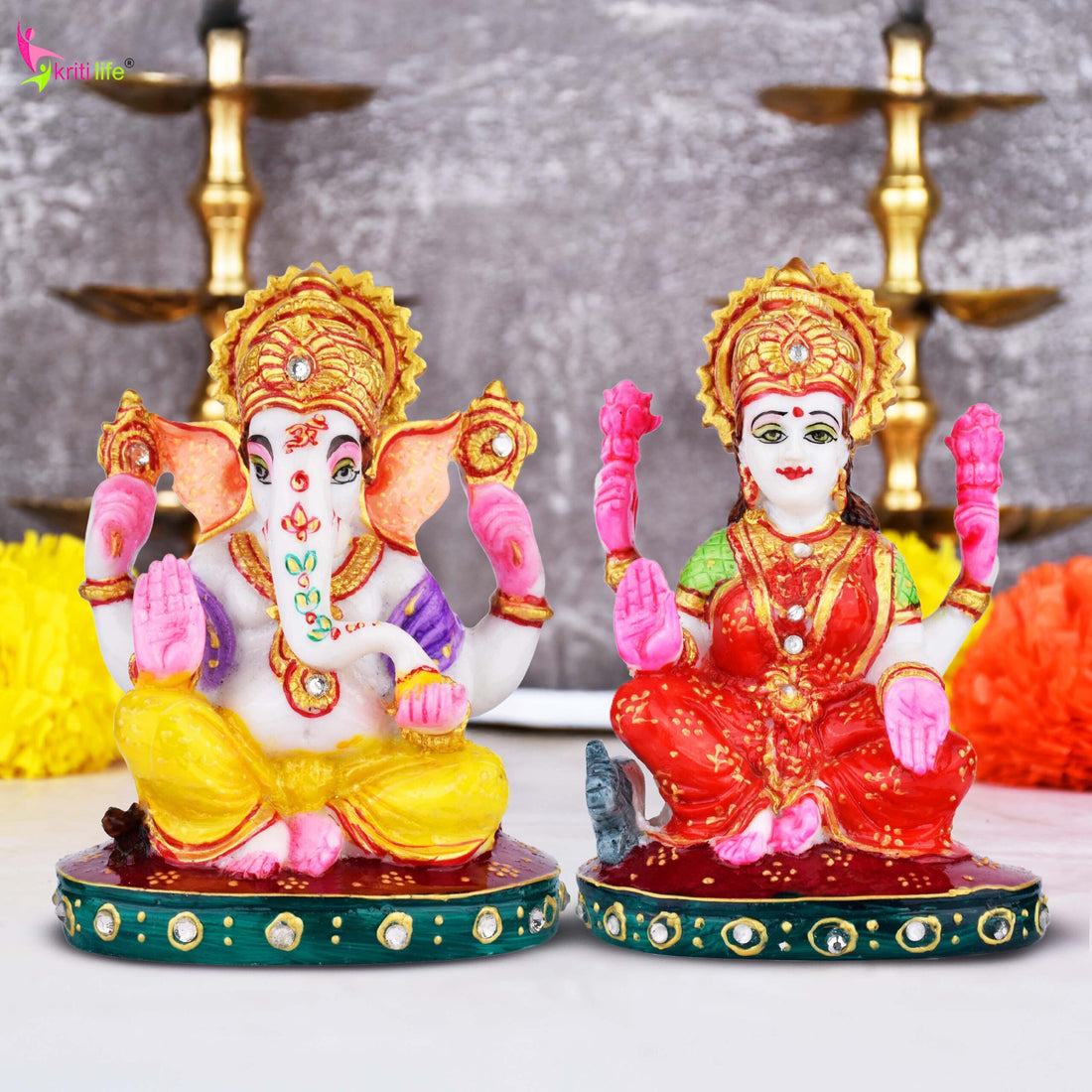 Laxmi Ganesh Idol Set | 6 inches | – Marble Dust Decorative Statue for Home & Pooja
