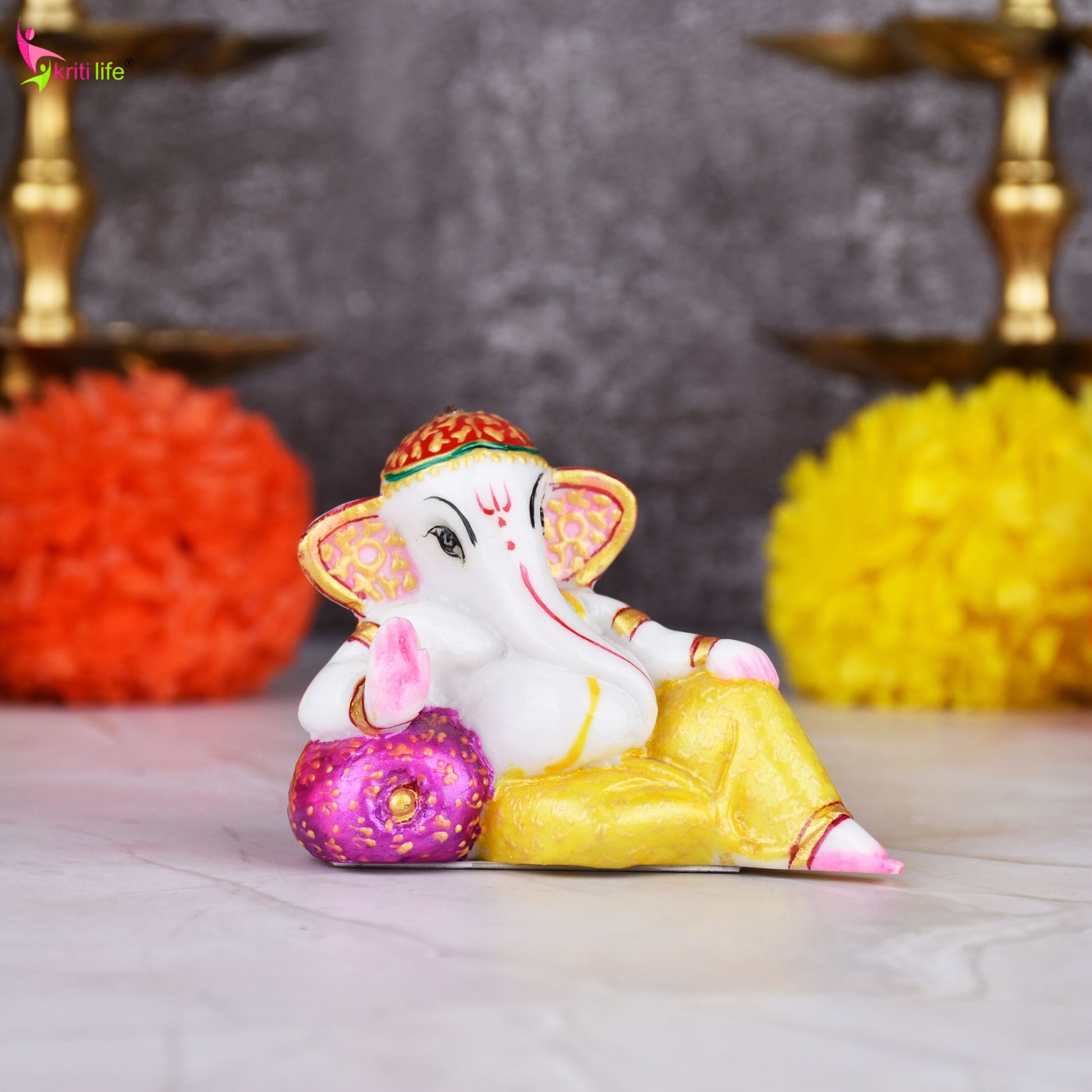 Divine Reclining Ganesha Idol – Premium Marble Dust Ganpati Figurine 3 inches for Pooja & Gifting