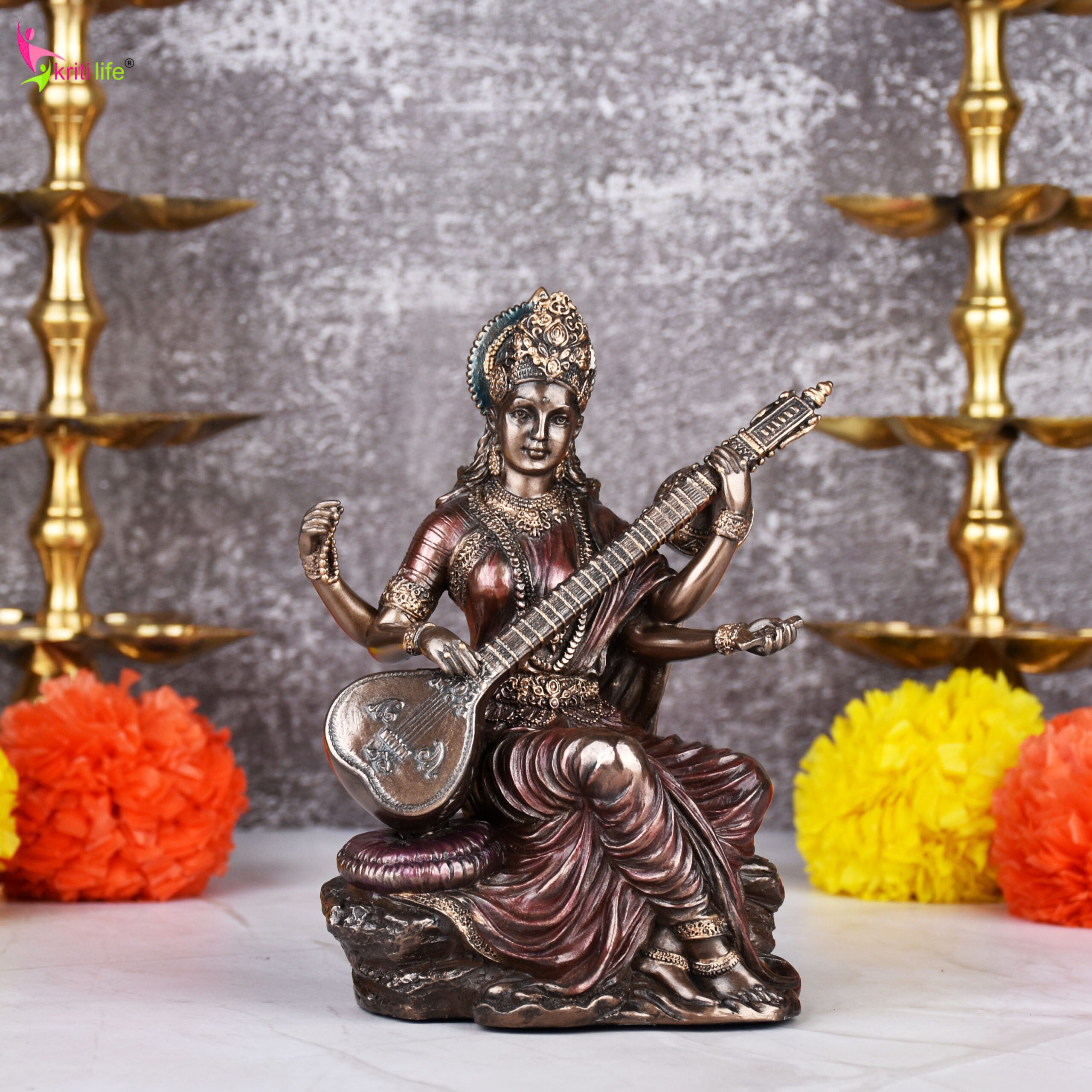 Elegant Saraswati Idol in Polyresin | 6  inches | – Handcrafted Goddess of Knowledge Figurine for Home & Office Décor